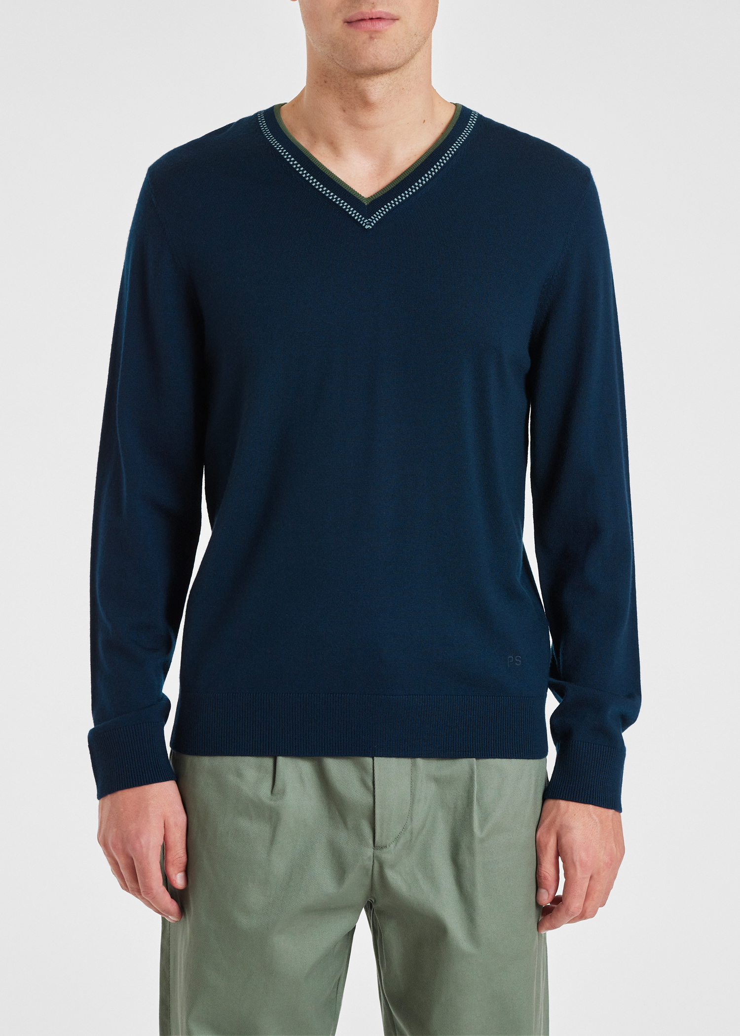 Ps Paul Smith Men S Navy Merino Wool Blend Contrast V Neck Sweater