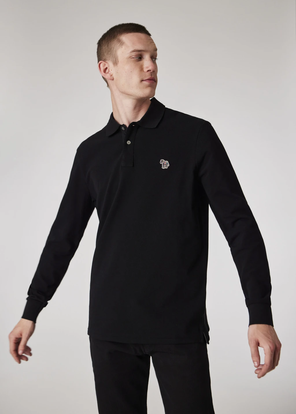 Black Cotton Zebra Logo Long Sleeve Polo Shirt