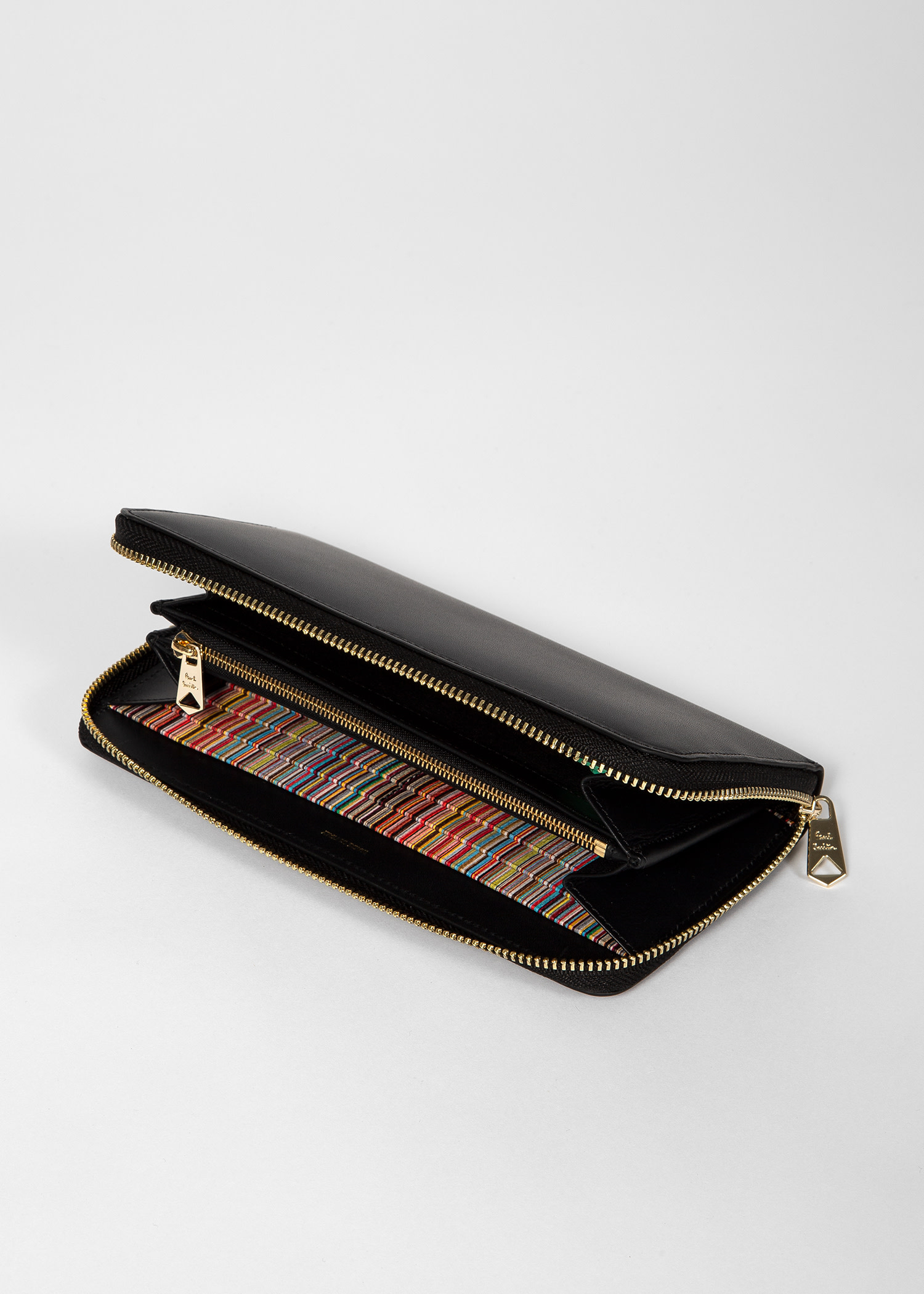 Large Black Leather Signature Stripe Zip-Around Wallet