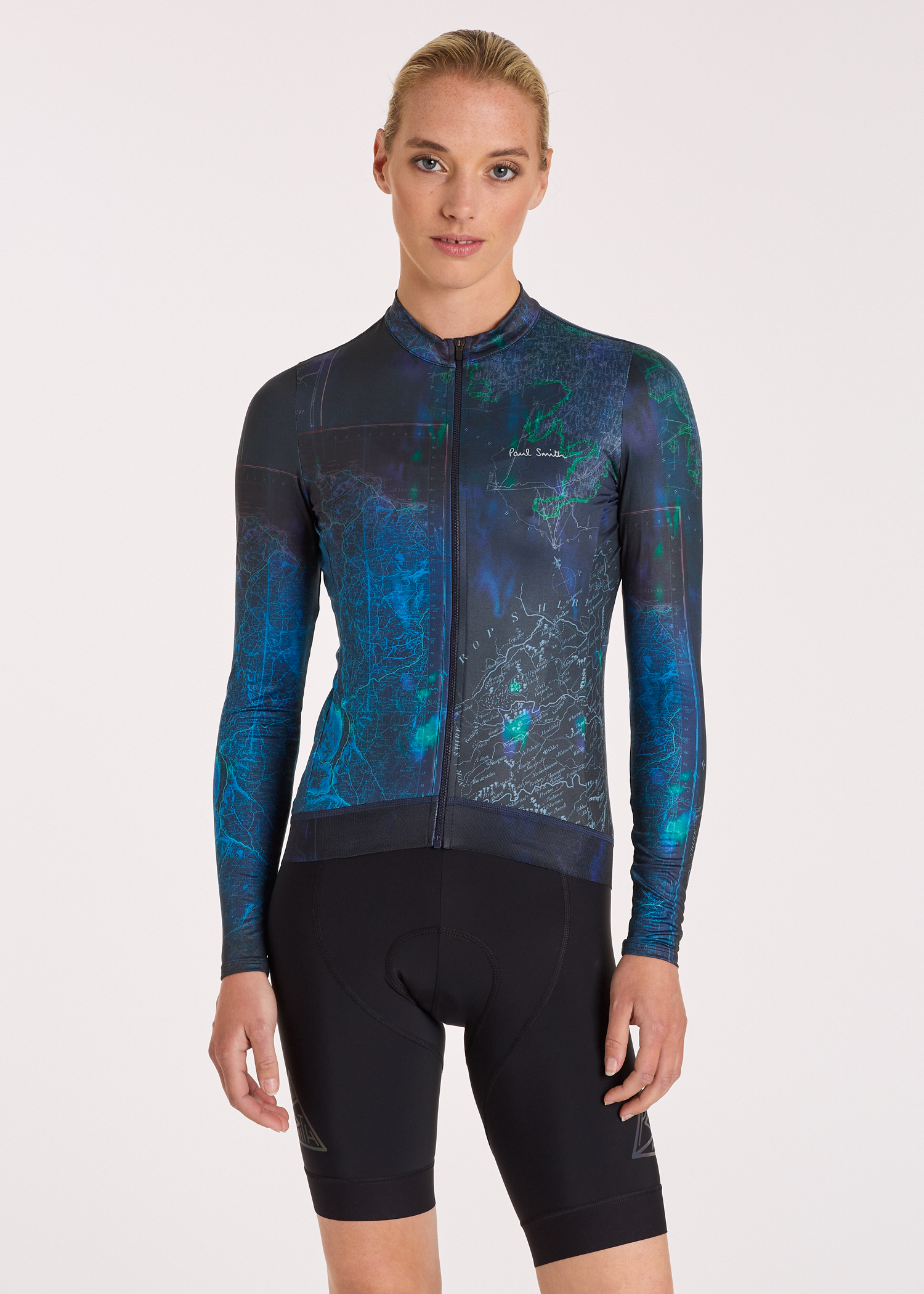 Women's Blue 'Map' Print Race Fit Long-Sleeve Cycling Jersey