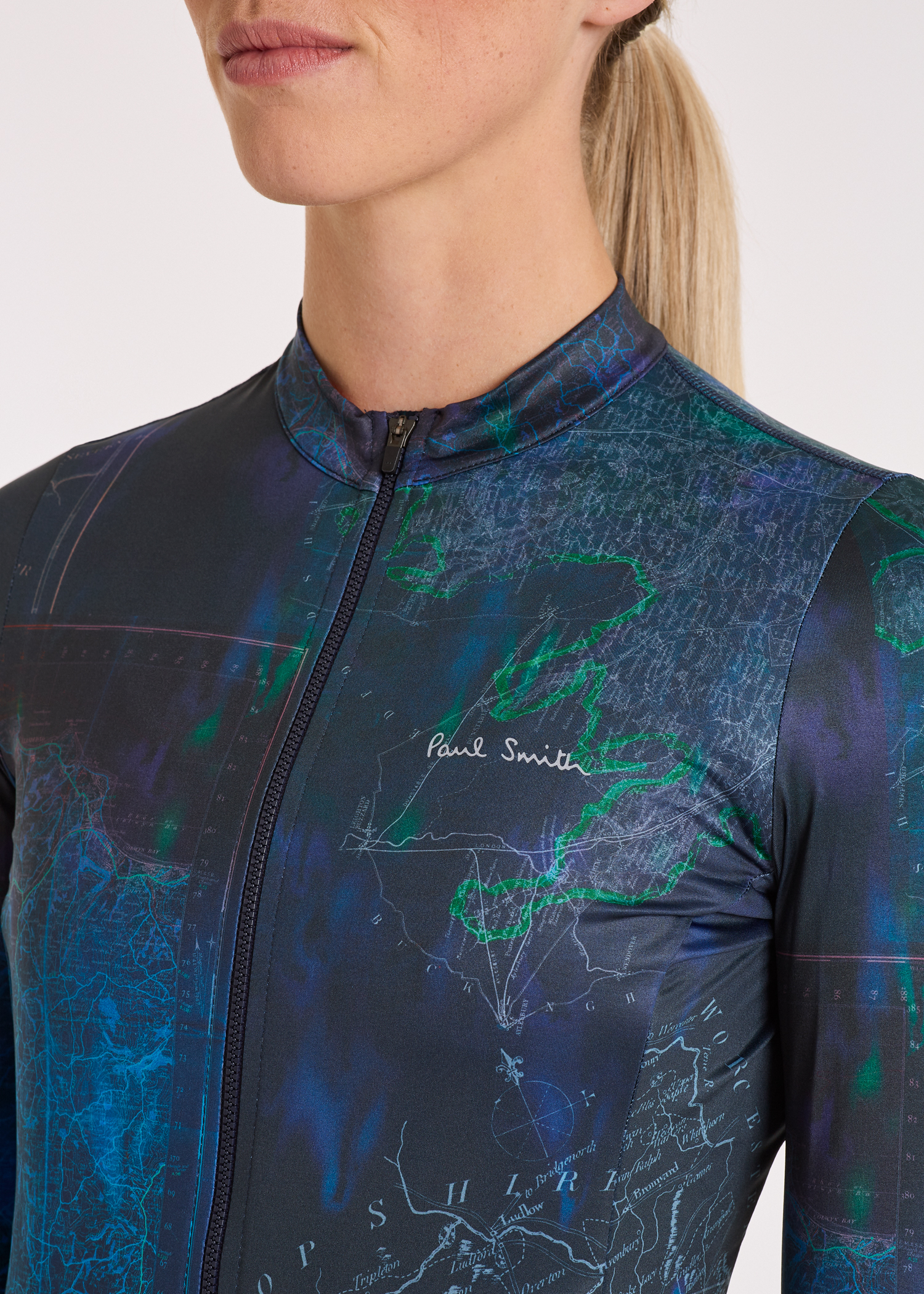 Women's Blue 'Map' Print Race Fit Long-Sleeve Cycling Jersey
