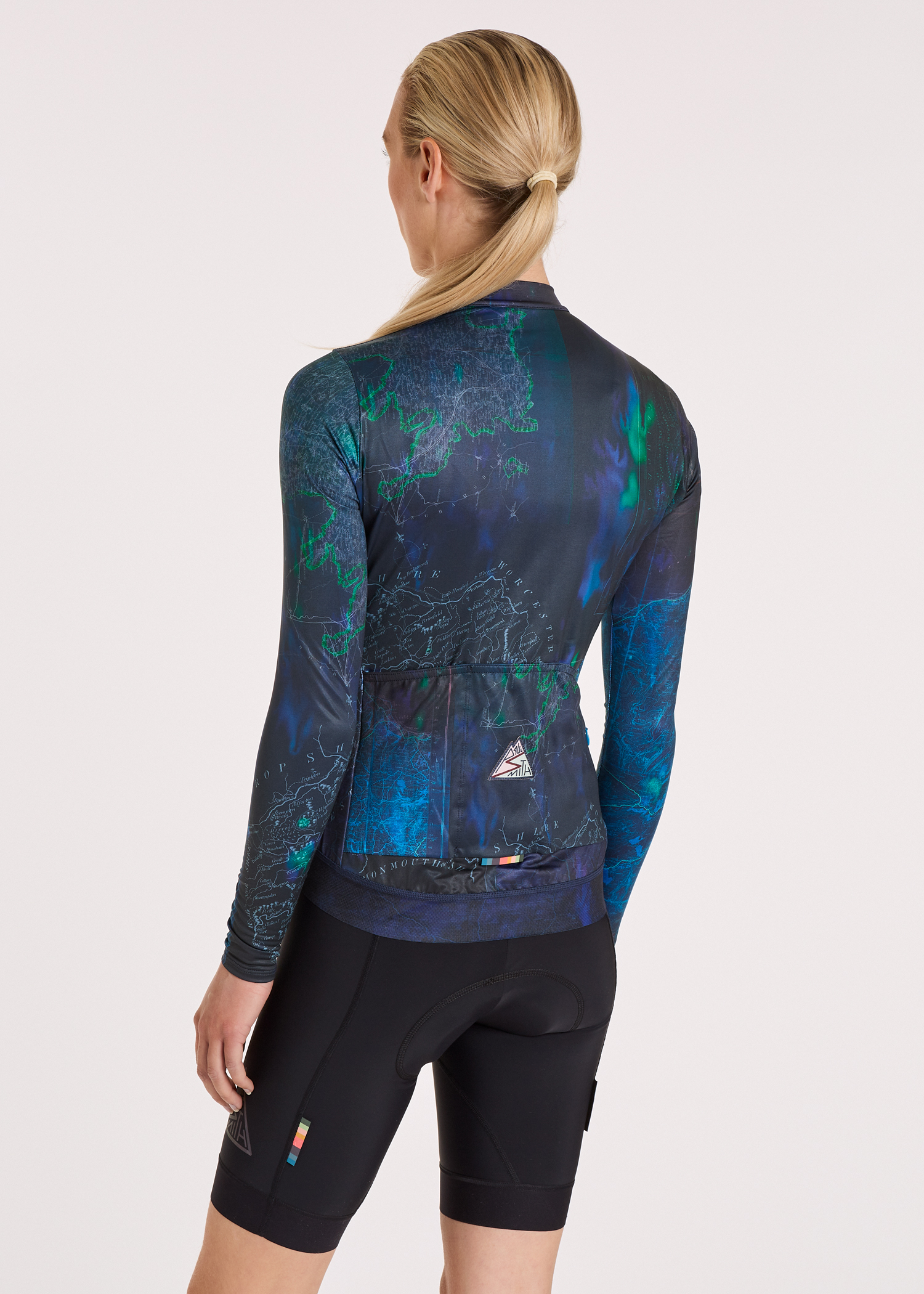 Women's Blue 'Map' Print Race Fit Long-Sleeve Cycling Jersey