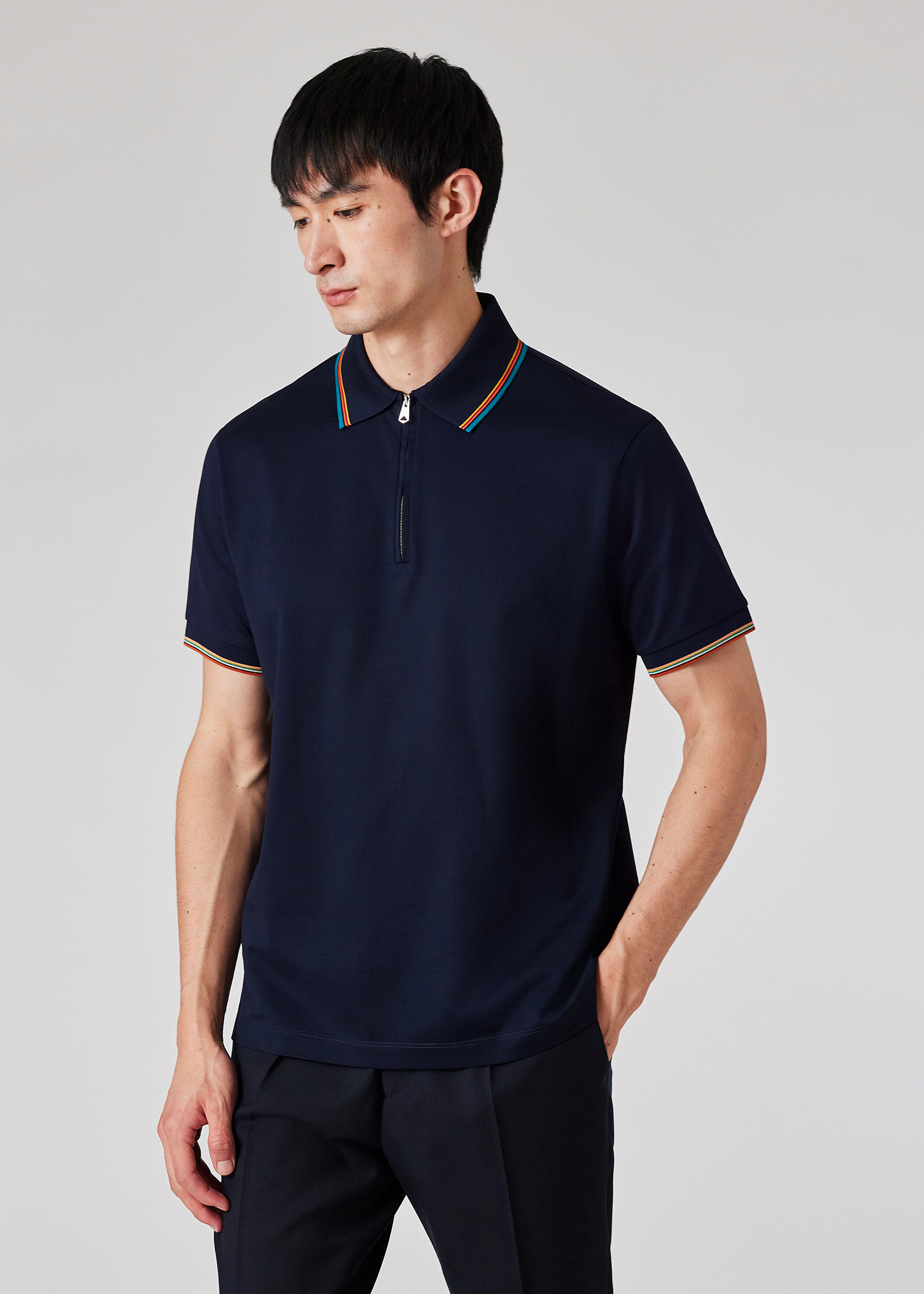 Paul Smith Navy Cotton 'Signature Stripe' Trim Zip Polo Paul Smith Navy Cotton 'Signature Stripe' Trim Zip Polo