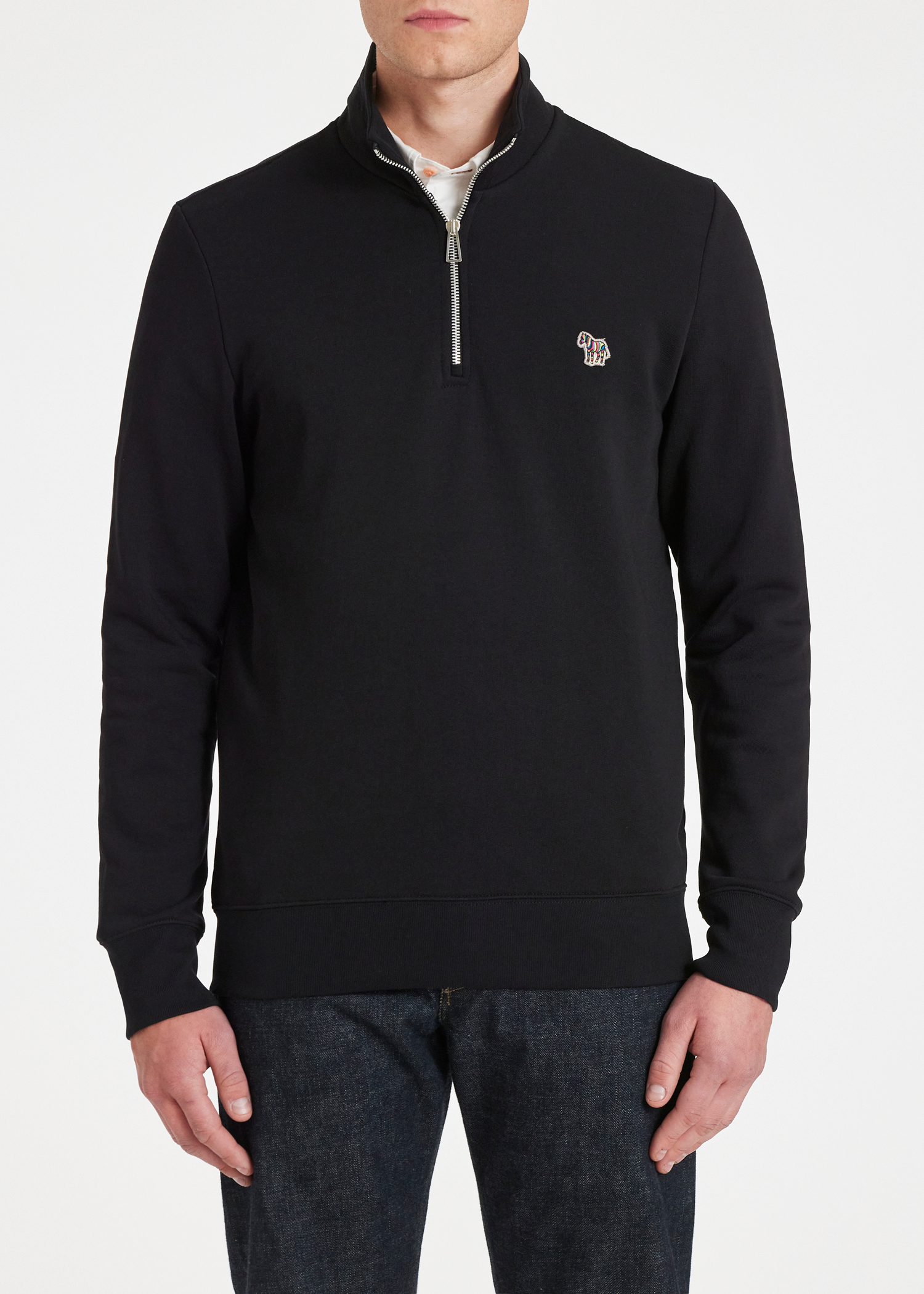 Black Cotton Zebra Logo Zip-Neck Sweatshirt