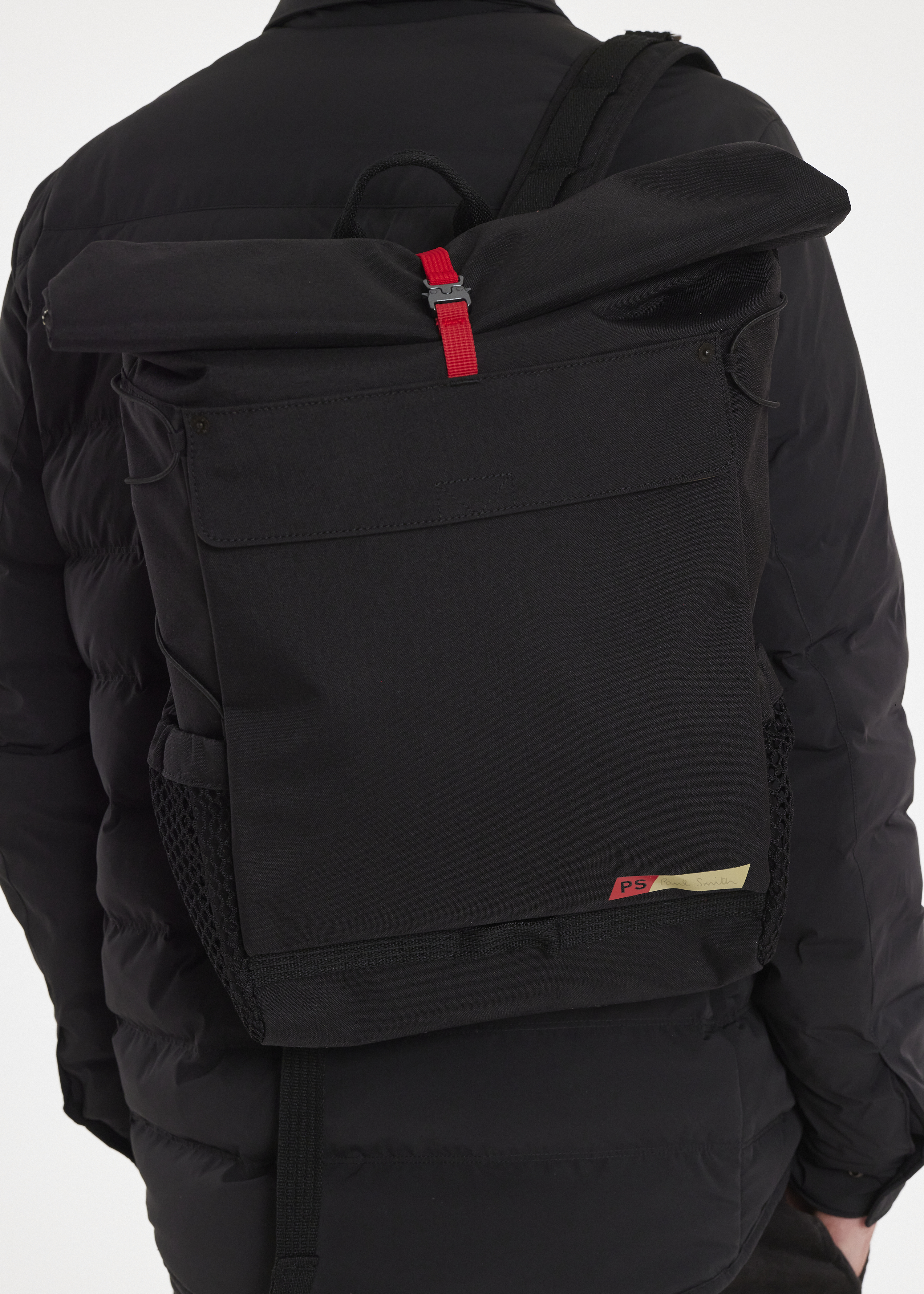 Men's Black Nylon Utilitarian Roll-Top Backpack