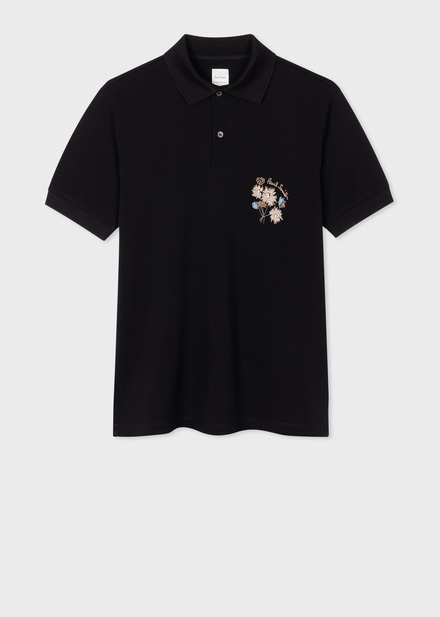 Men's Black Embroidered Flower Cotton Polo Shirt