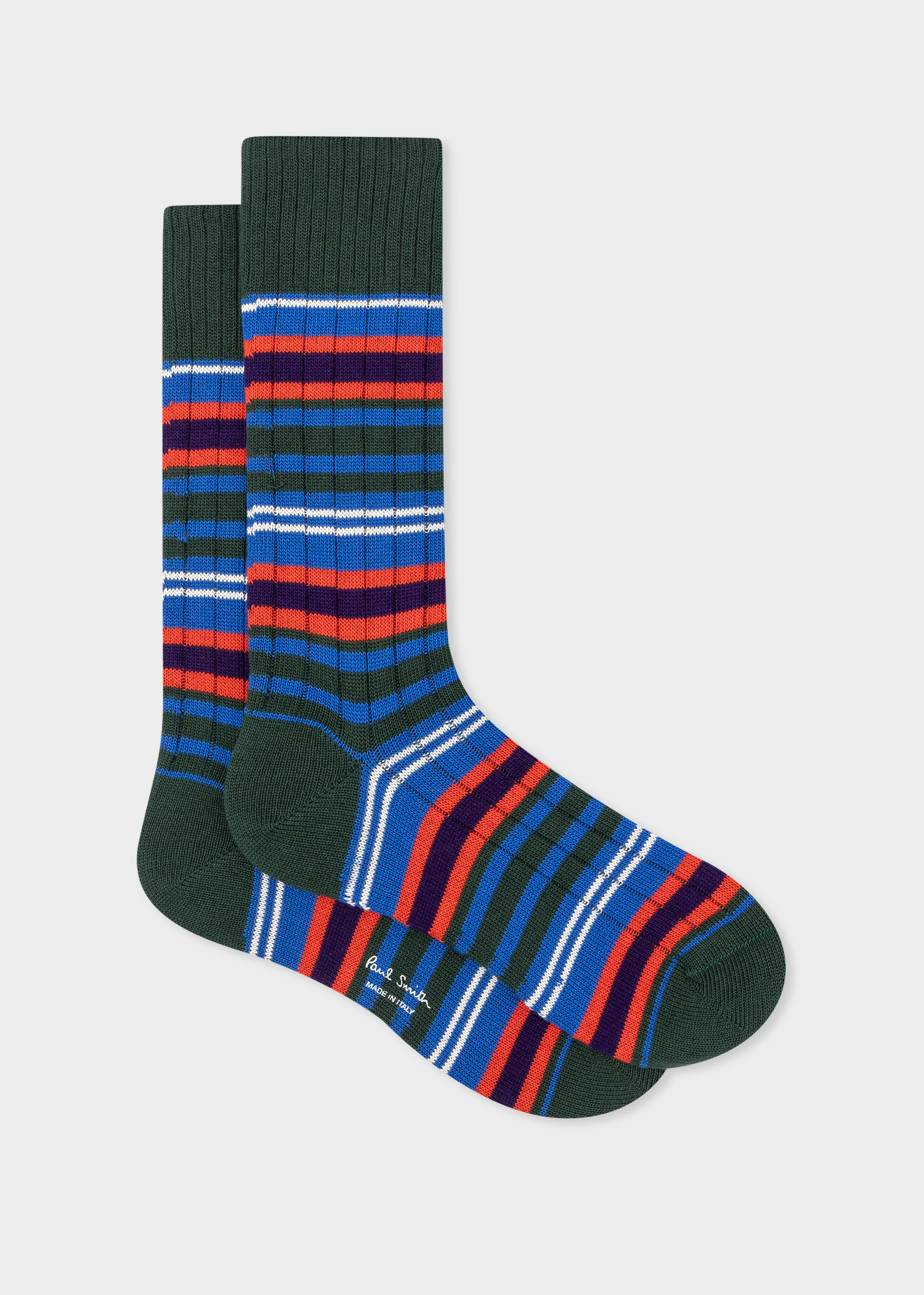 Dark Green And Blue Stripe Cotton-Blend Socks