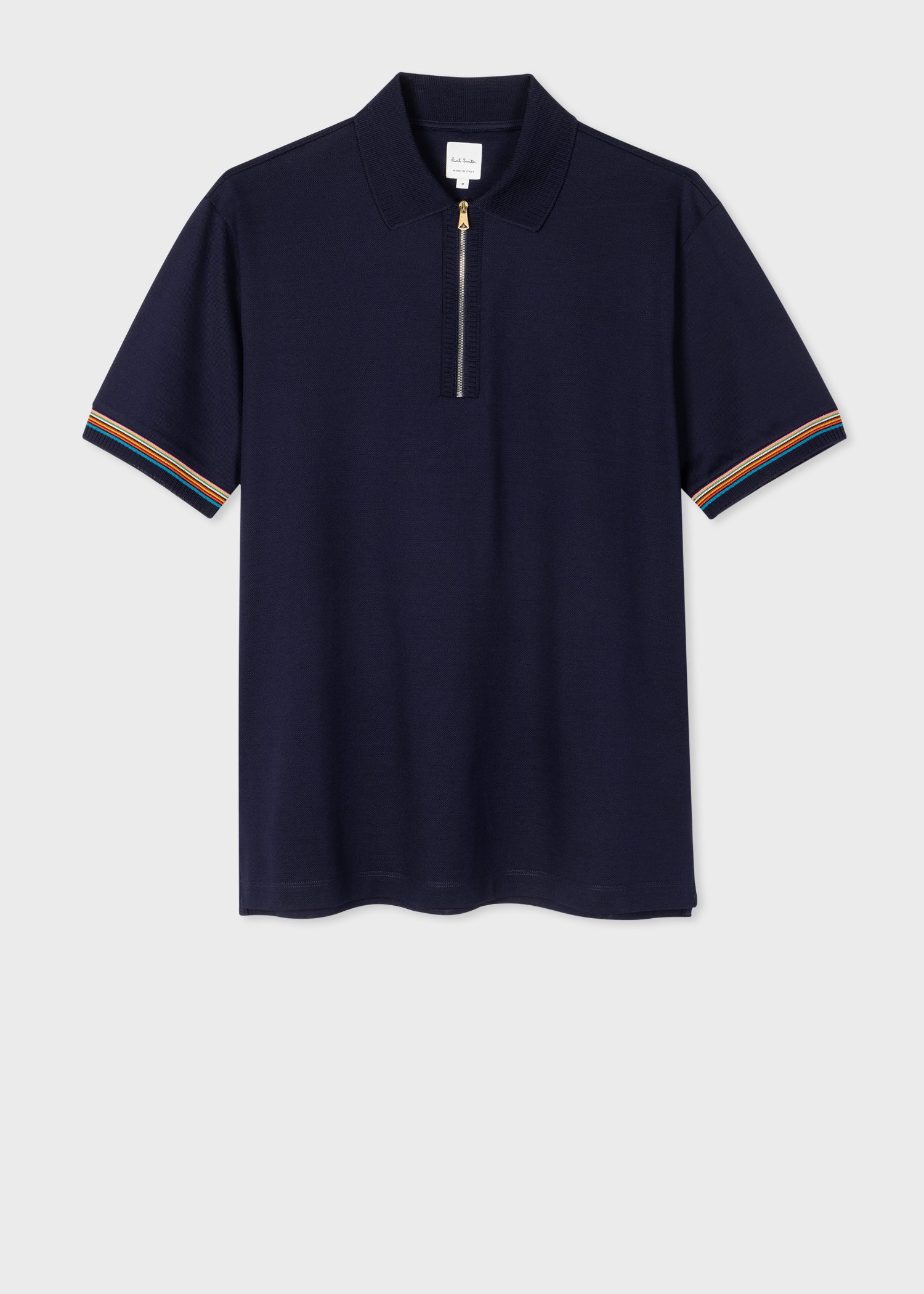 Men's Navy Cotton 'Signature Stripe' Trim Zip Polo Shirt