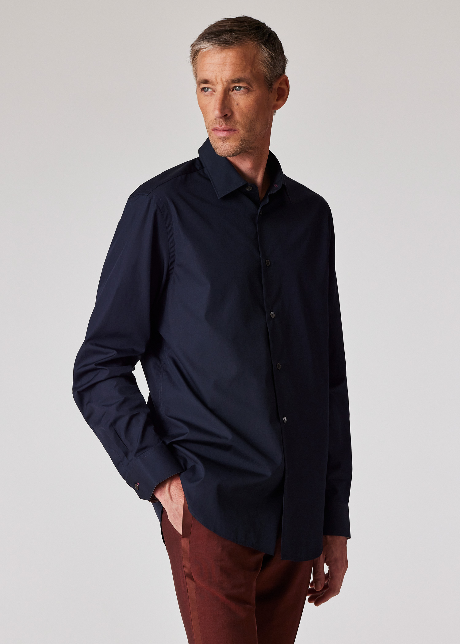 Men's Tailored-Fit Navy Cotton 'Signature Stripe' Cuff Shirt Men's Tailored-Fit Navy Cotton 'Signature Stripe' Cuff Shirt