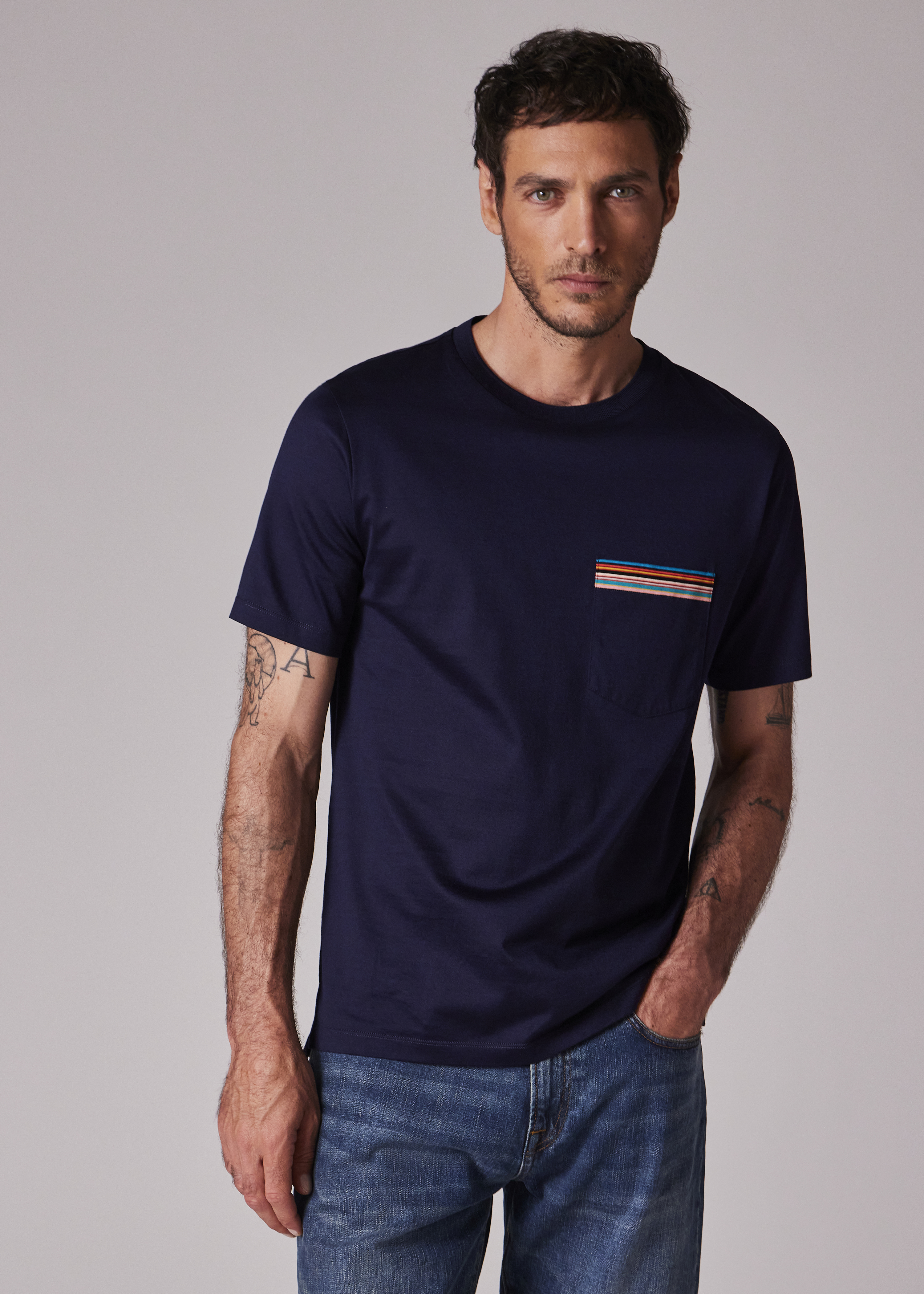 Tシャツ・カットソー Paul Smith SIGNATURE STRIPE T-SHIRT (M1R/306U/H00088_01) Men's Navy 'Signature Stripe' Pocket T-Shirt