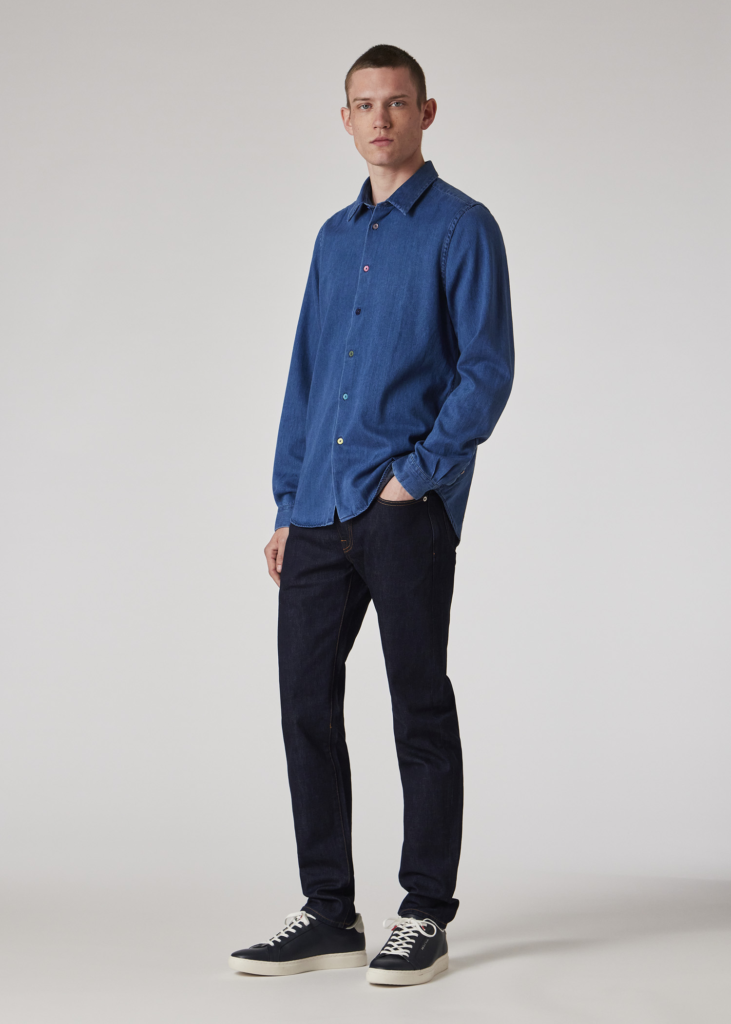 Men's Tailored-Fit Mid-Wash Denim Shirt
