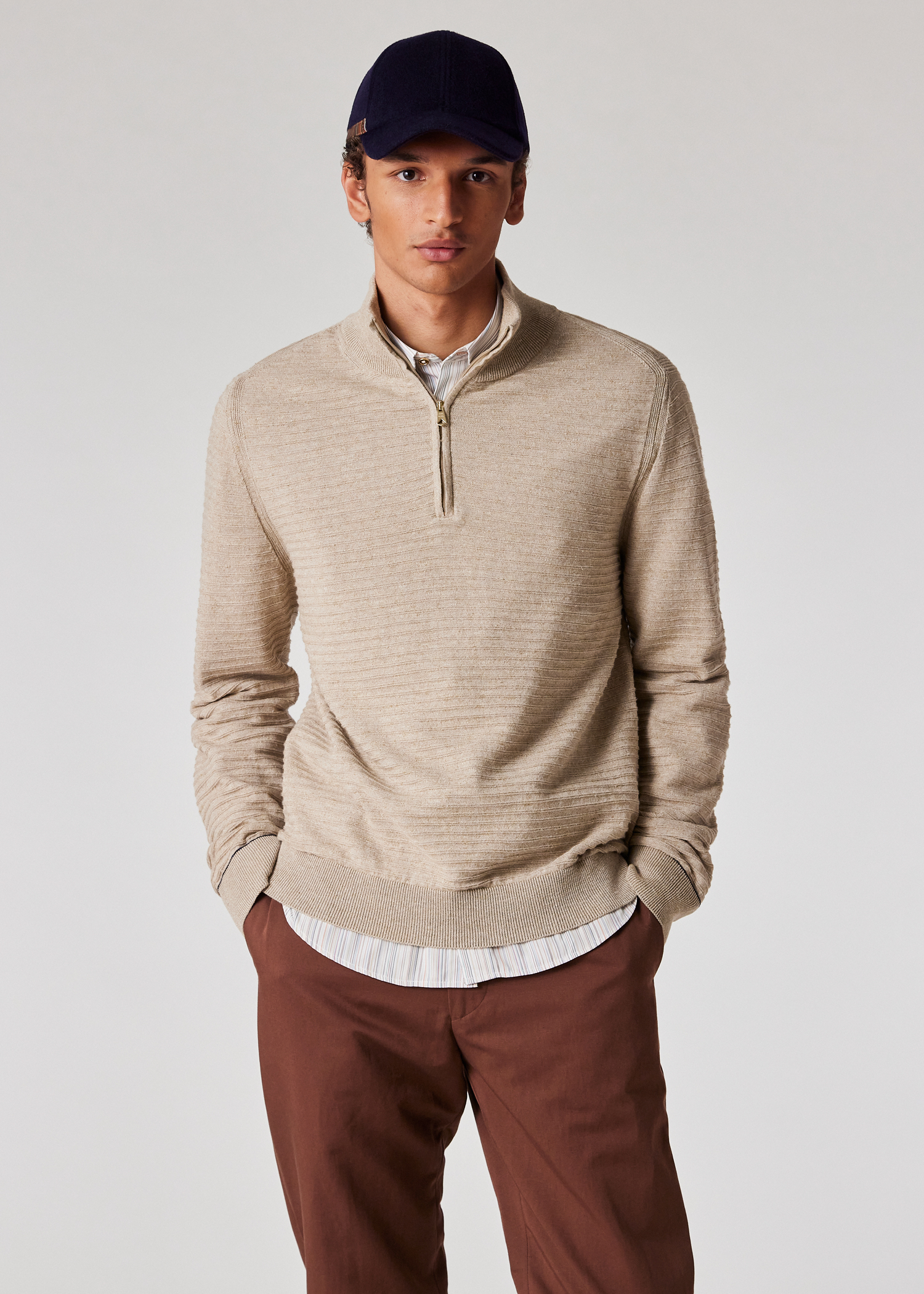 Oatmeal Cotton-Linen Zip-Neck Sweater