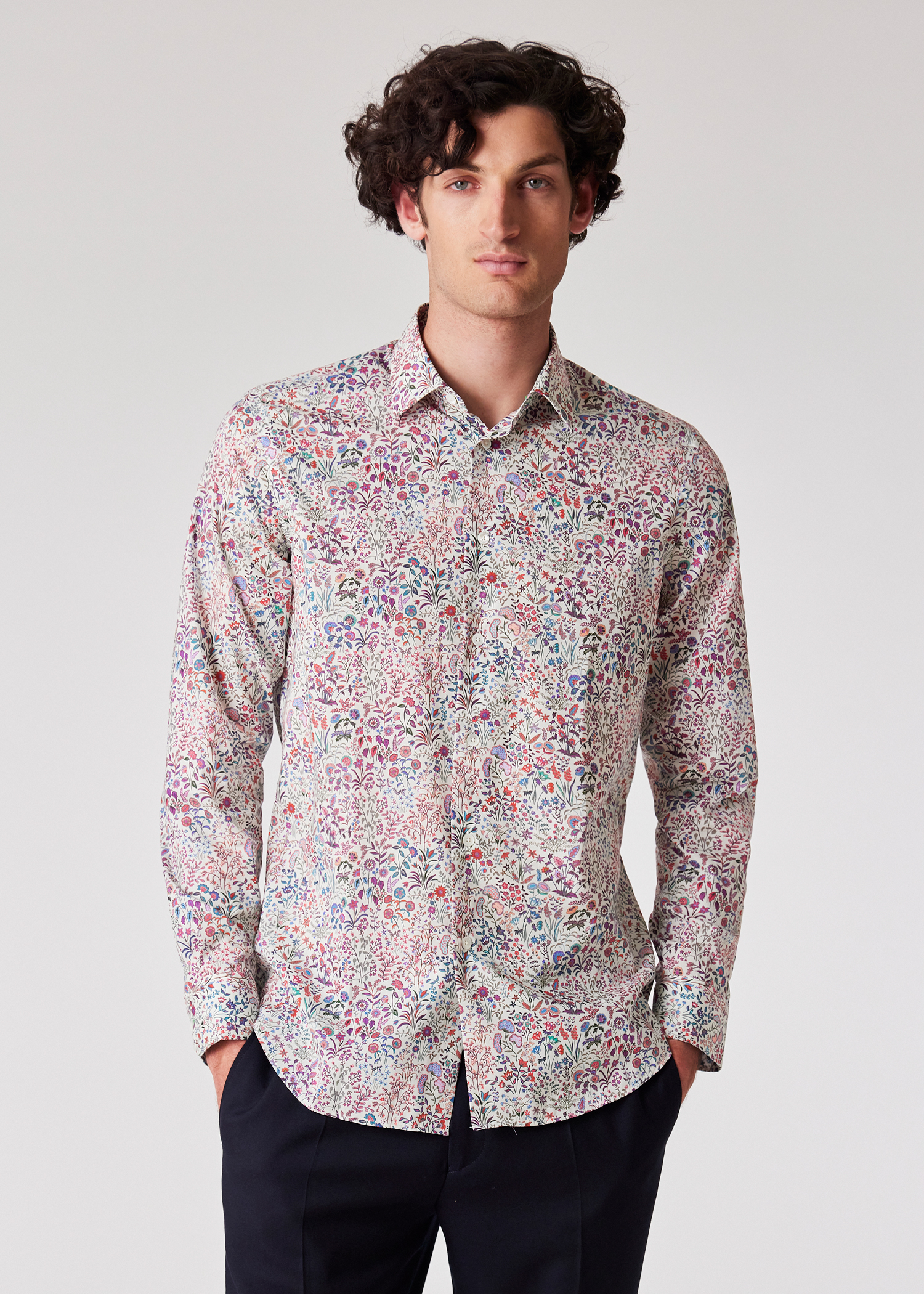 PAUL SMITH LONDON Light Sand hot & Pastel Floral Paisley Print Cotton Long Sleeve Dress Shirt | Made in Italy | Y2K English Designer Mod Shirt