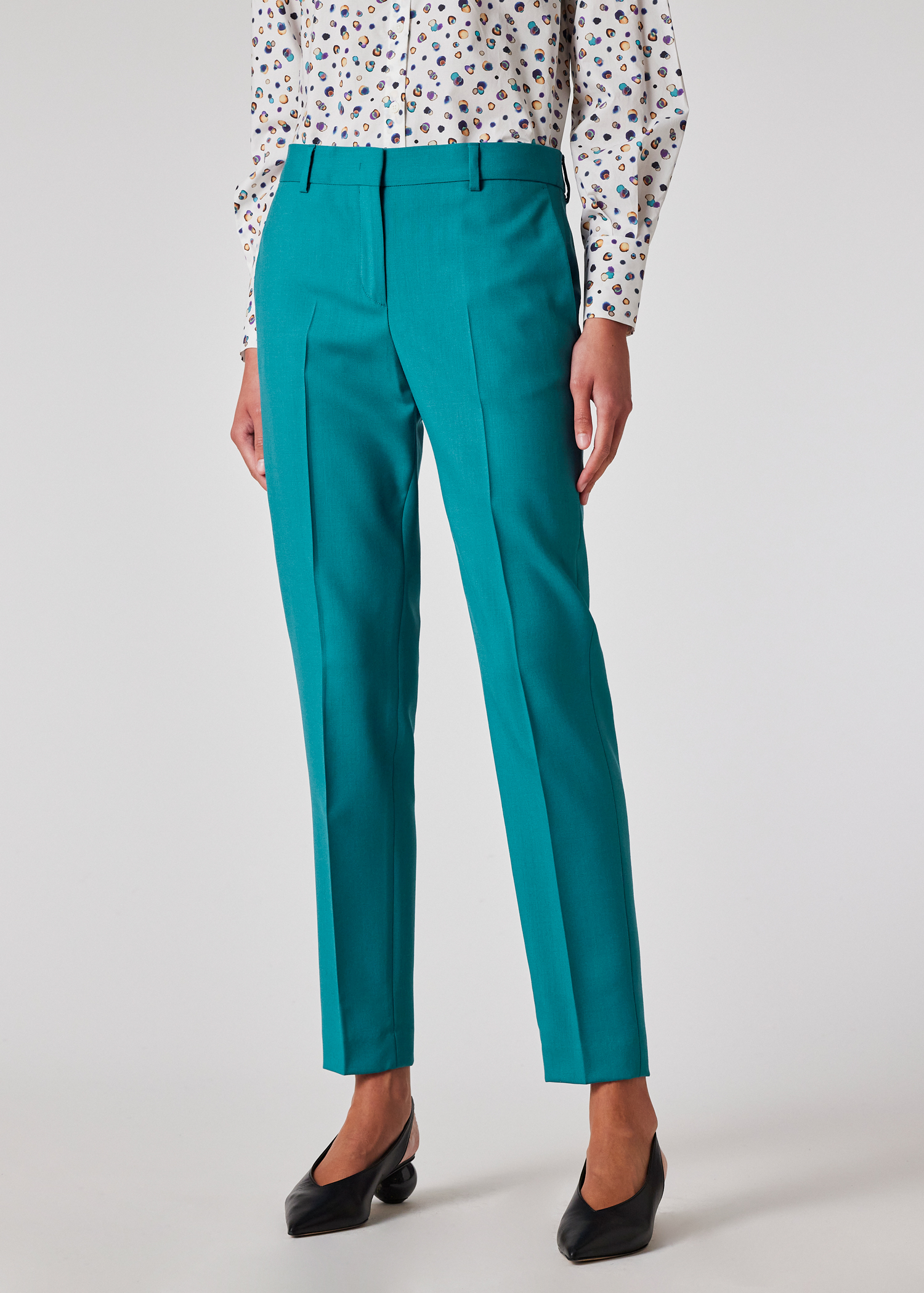 Women's Peacock Blue Wool-Hopsack Slim-Fit Trousers