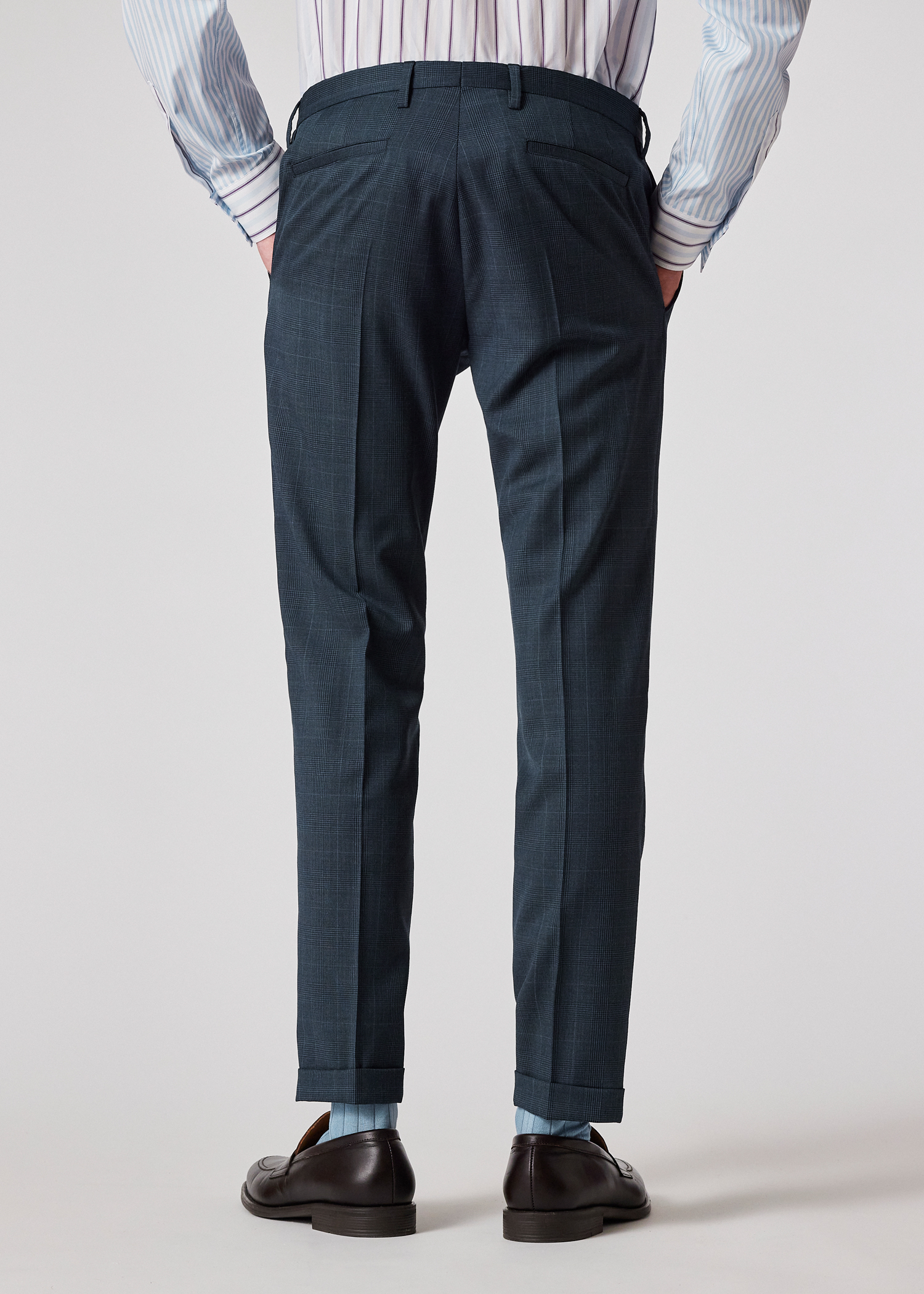 Slim-Fit Slate Blue Check Wool Trousers
