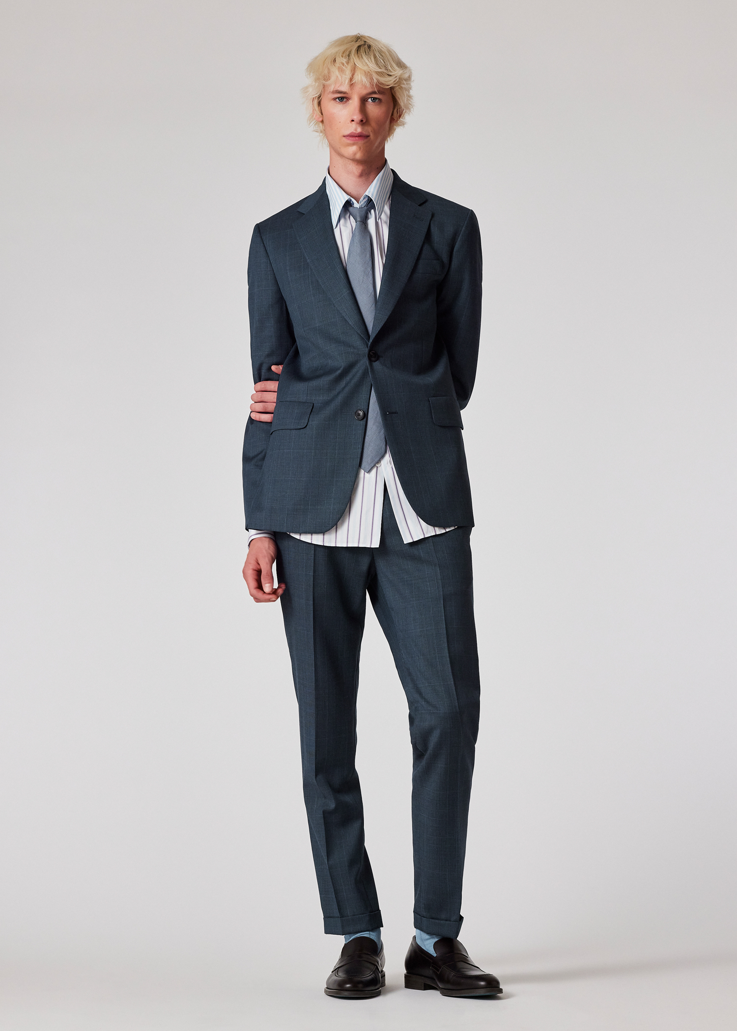 Slim-Fit Slate Blue Check Wool Trousers