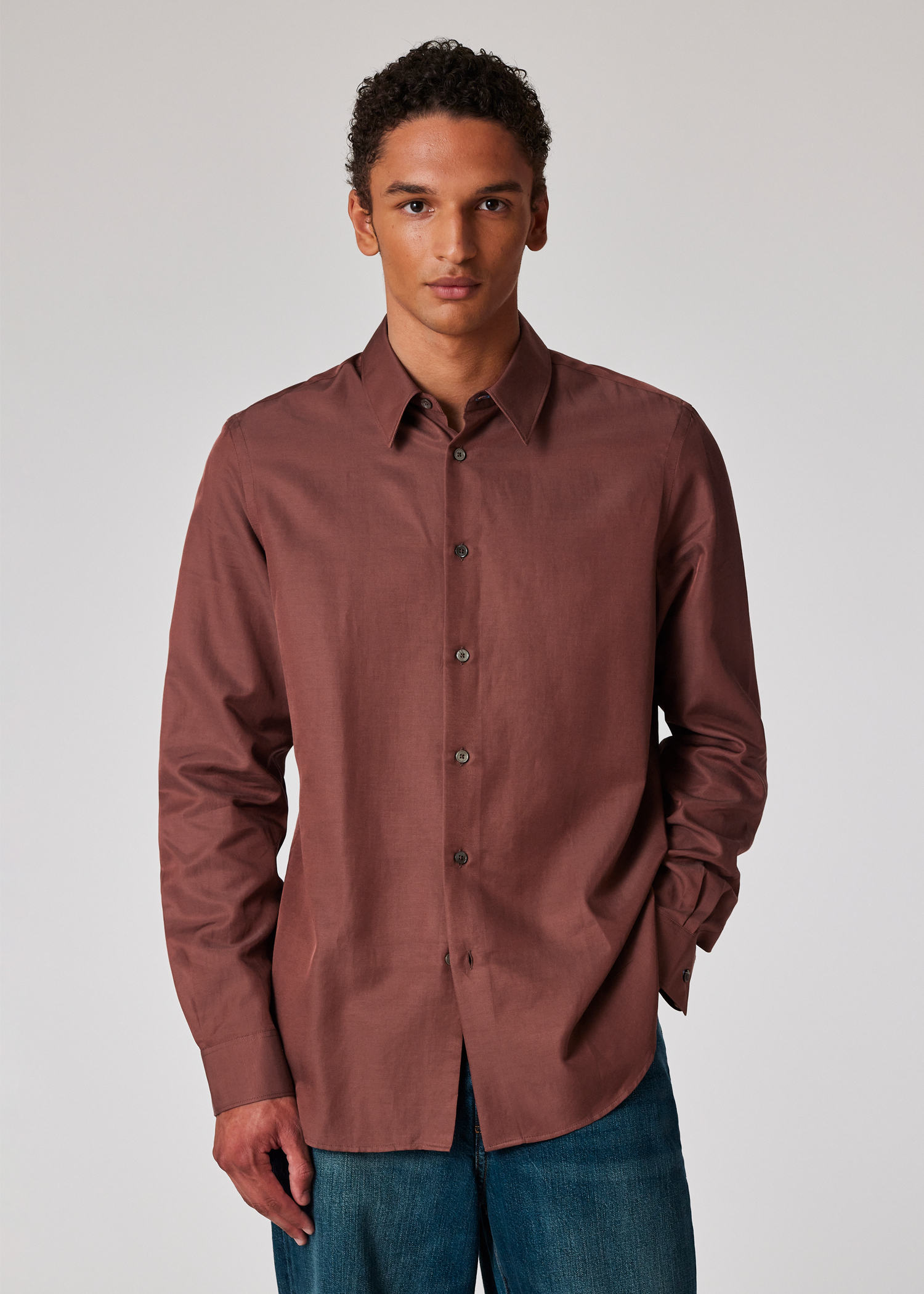 Men's Brown Cotton-Viscose Blend Long Sleeve Shirt