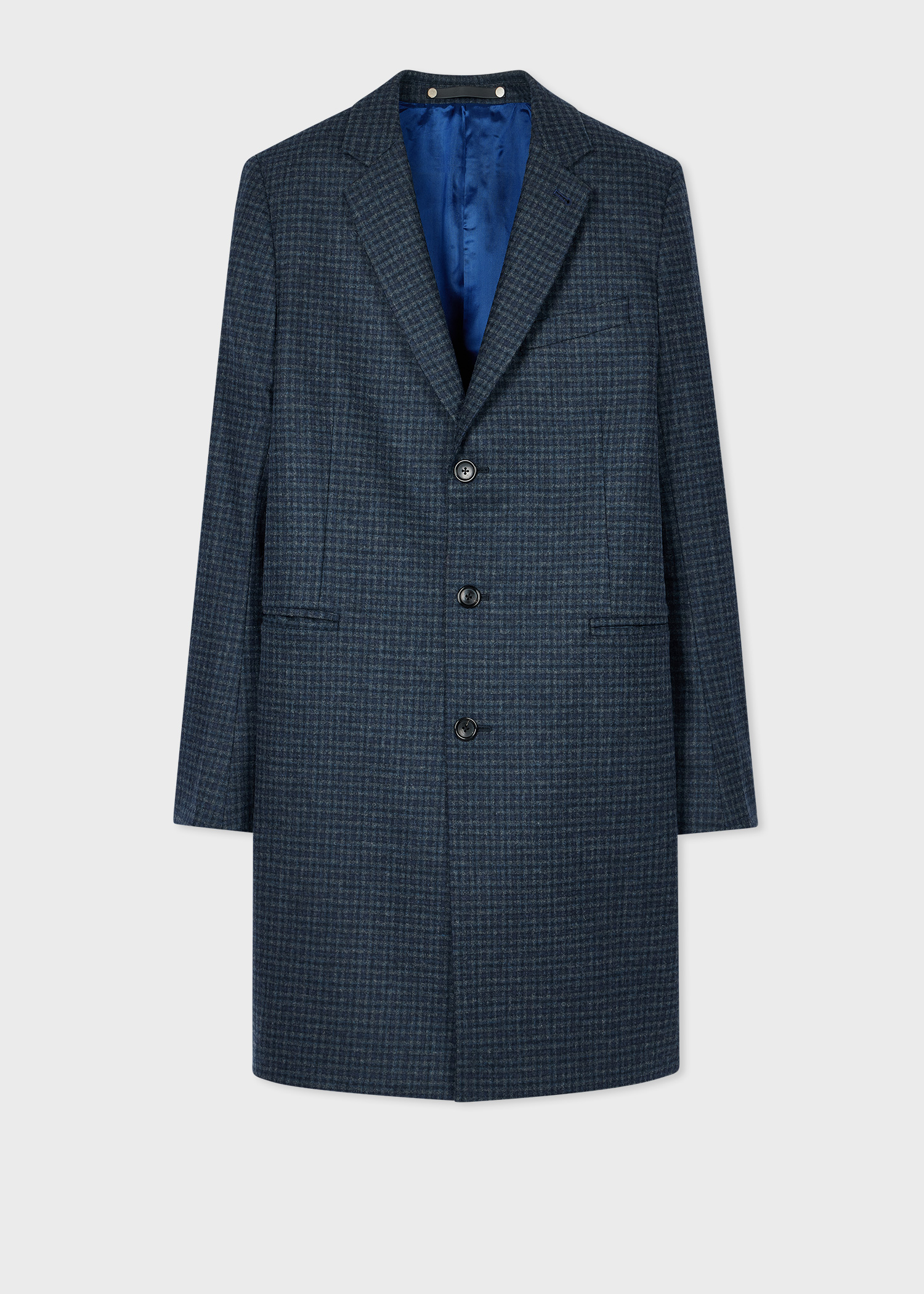 Navy and Grey Check Wool Blend Overcoat