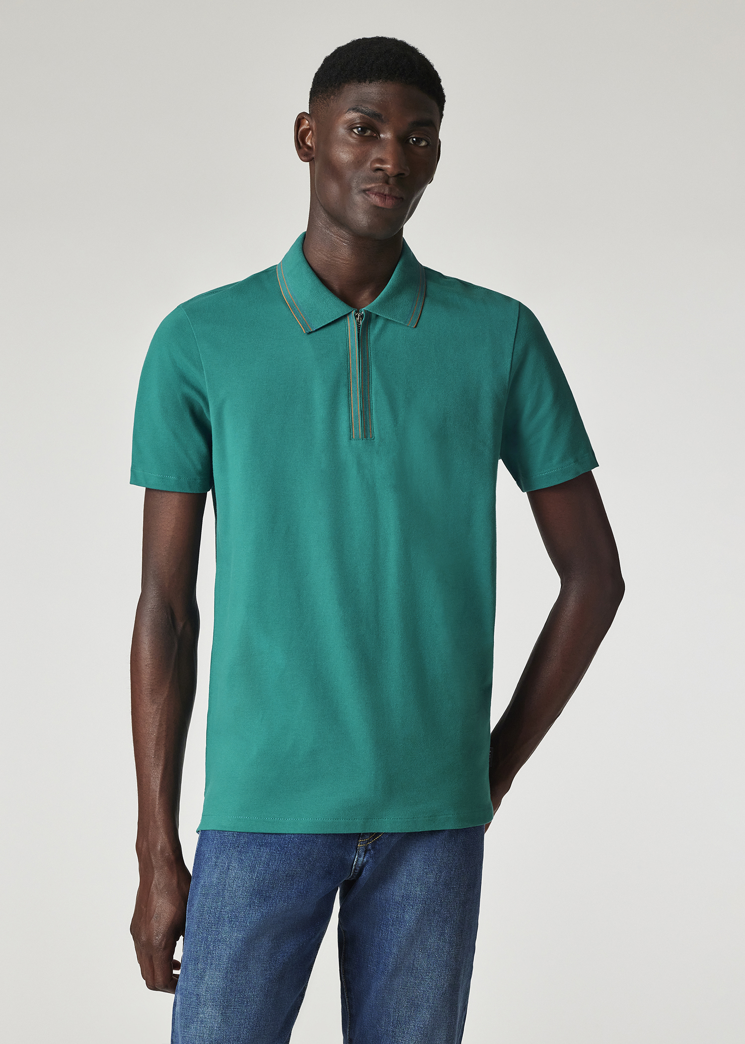 PS Paul Smith Teal Zip Neck Stretch-Cotton Polo Shirt