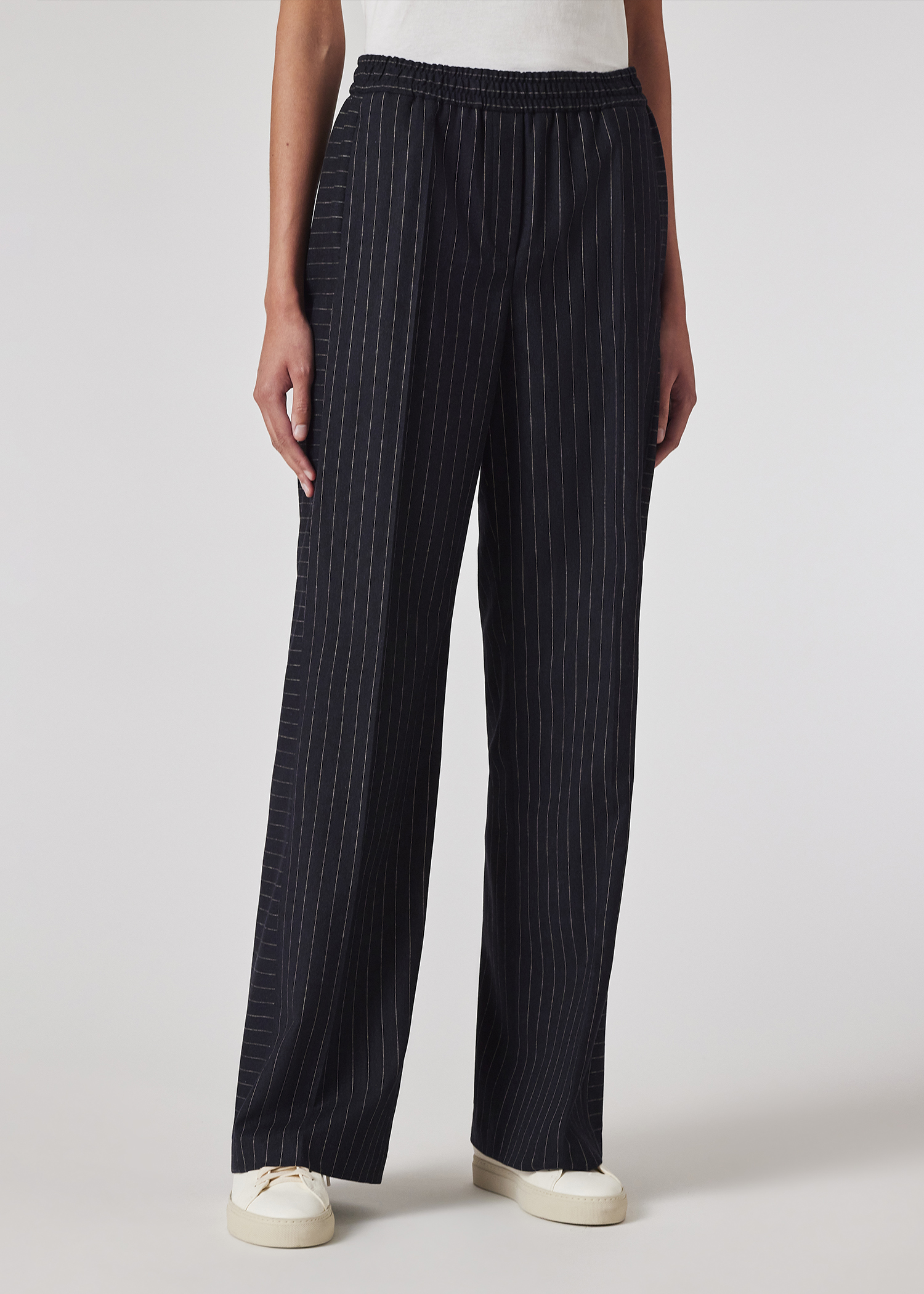 PS Paul Smith Women's Navy Pinstripe Wide Leg Wool Trousers