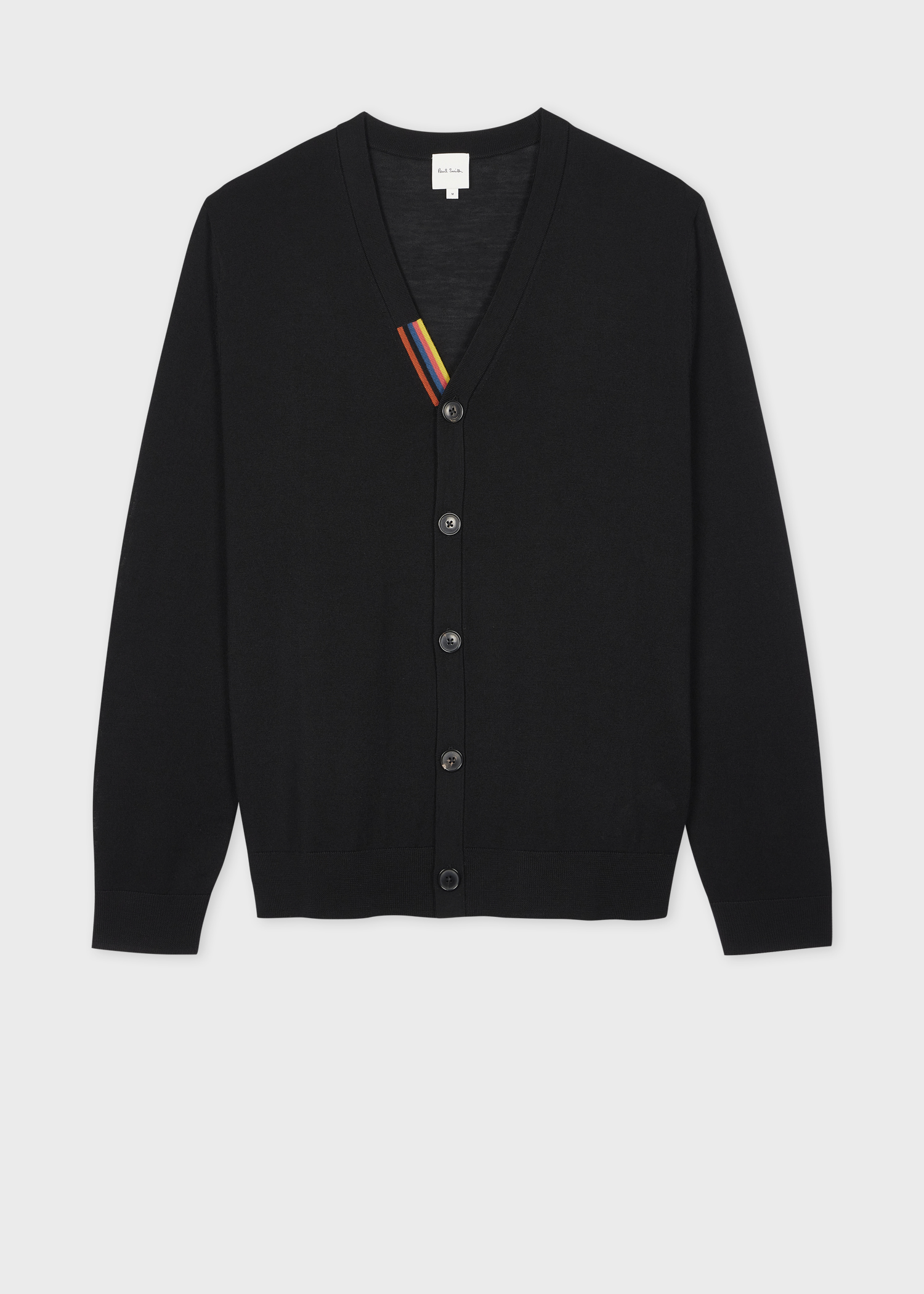 Black Merino Wool Cardigan with 'Artist Stripe' Trim