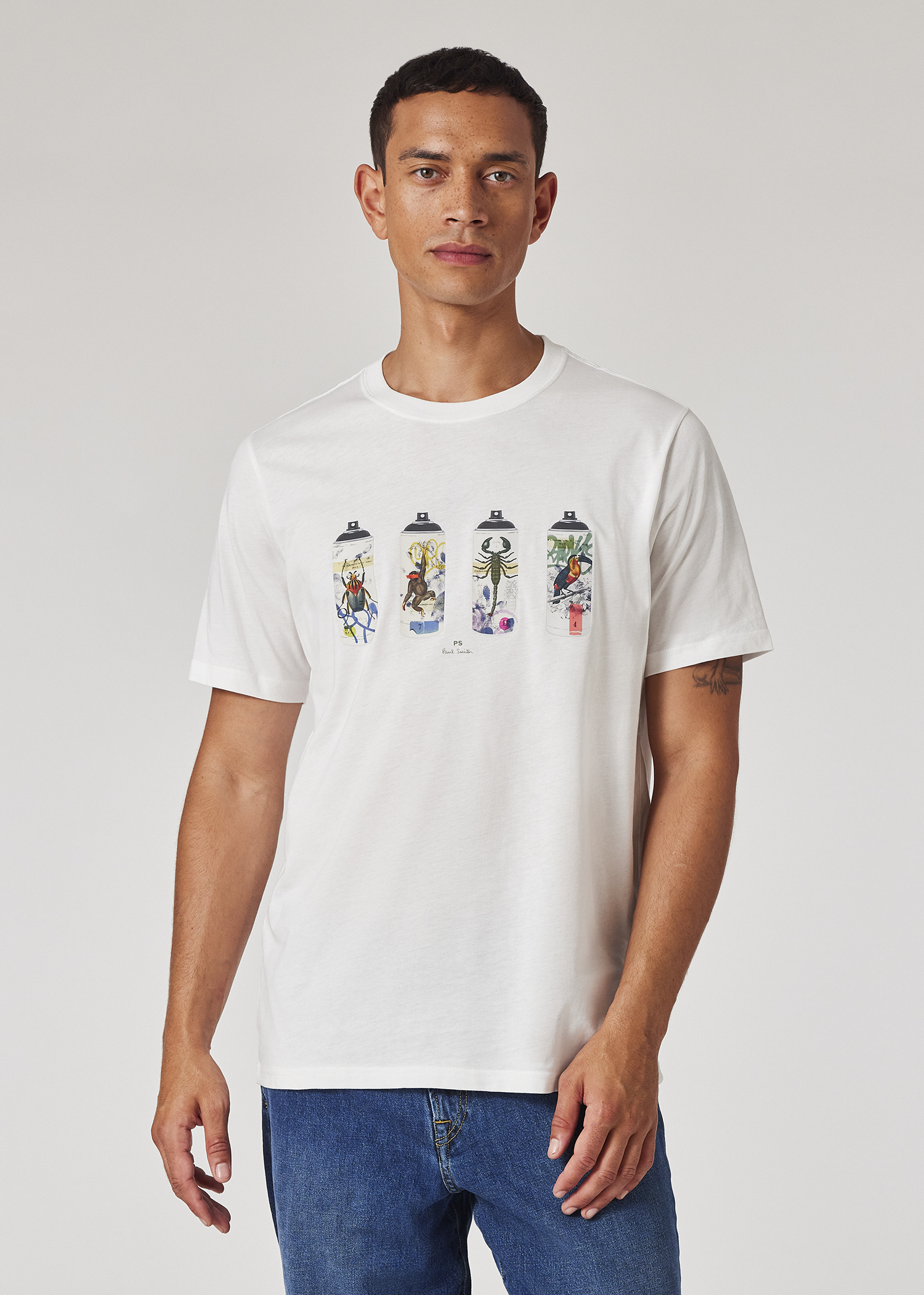 Tシャツ・カットソー PS BY PAUL SMITH Men T Shirts M2R 183K KZEBRA WHITE Men's White 'Spray Cans' Print T-Shirt