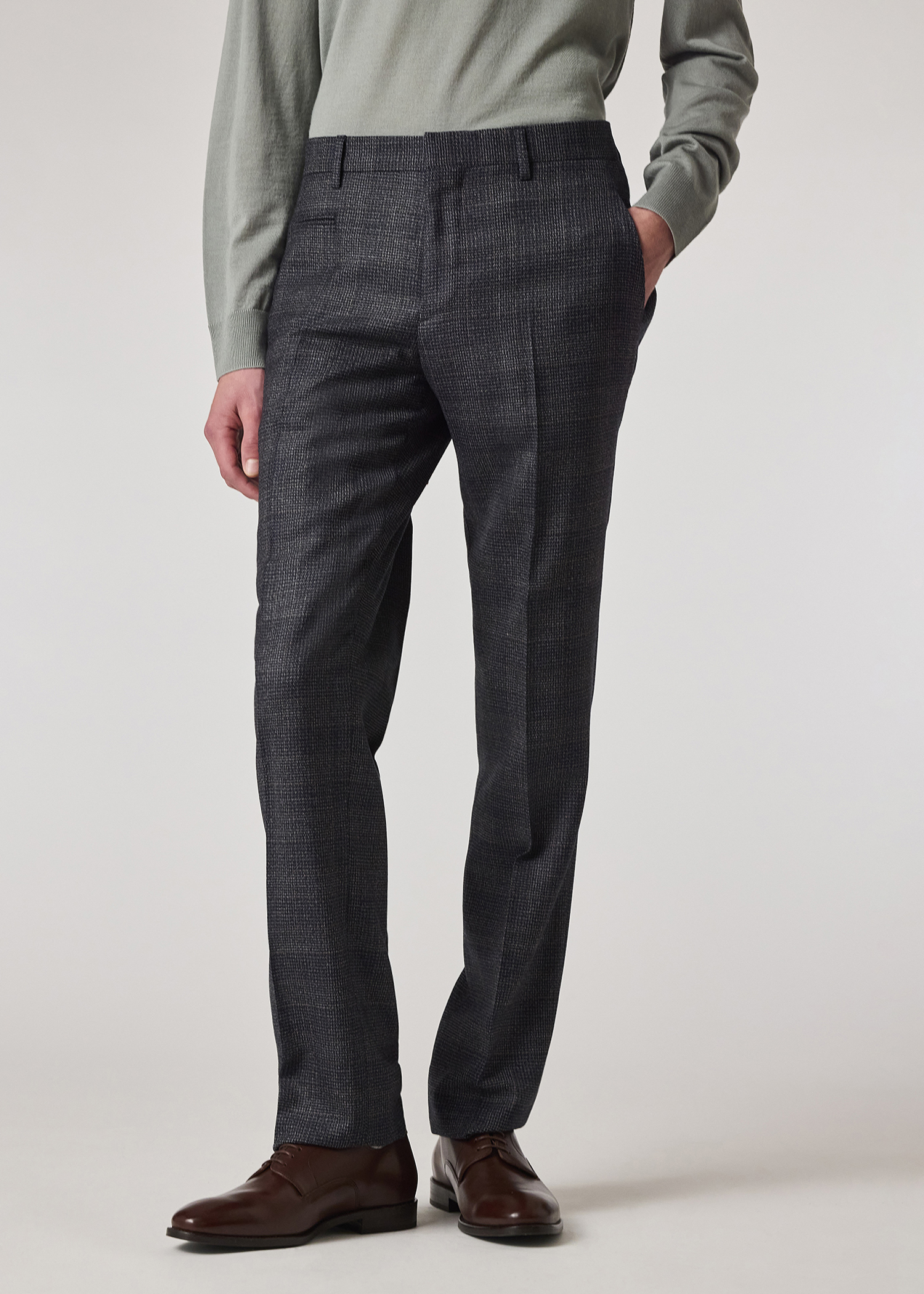 Slim-Fit Navy Gingham Check Natural Stretch Wool Trousers
