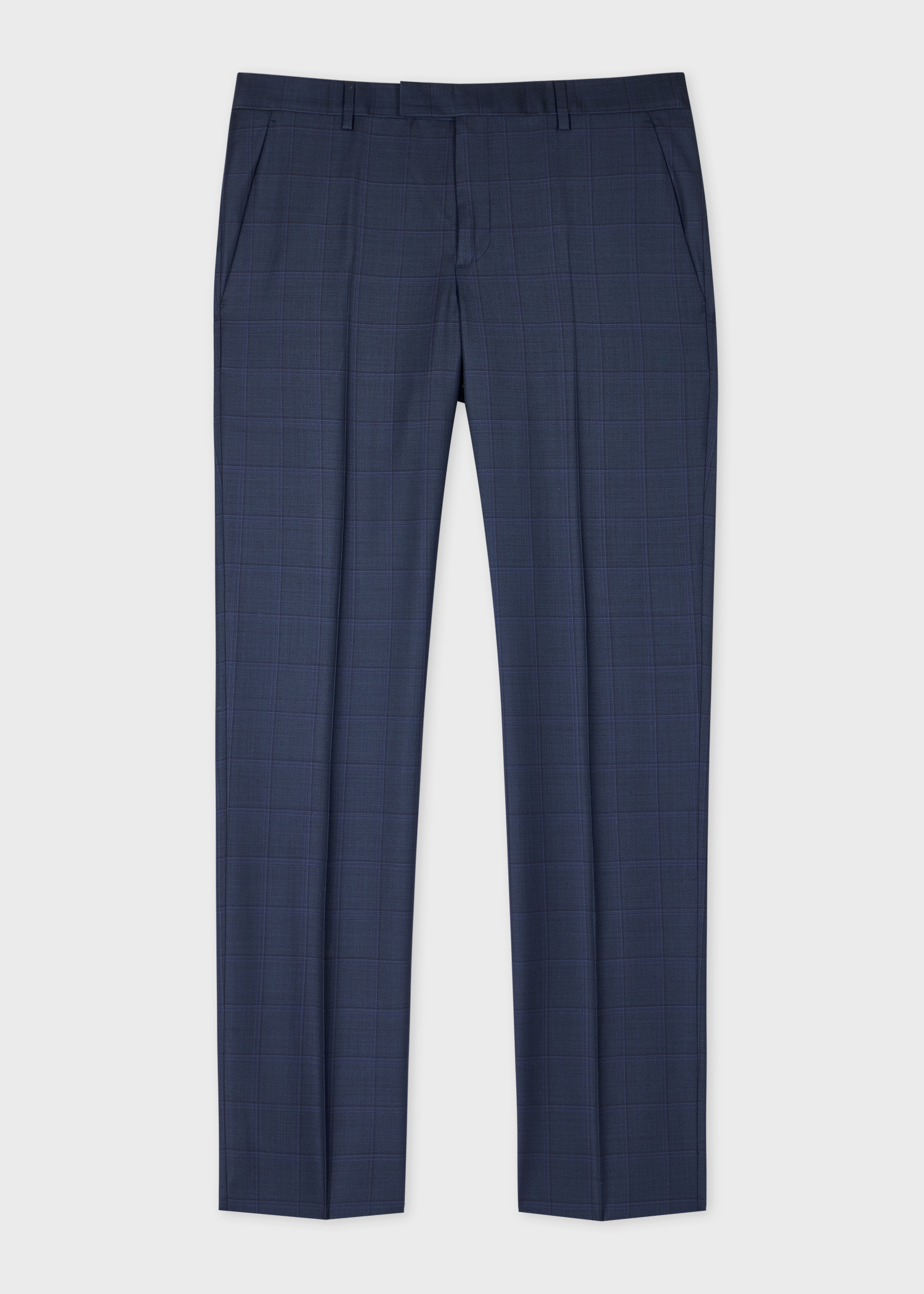 Navy Check Wool Straight Leg Trousers