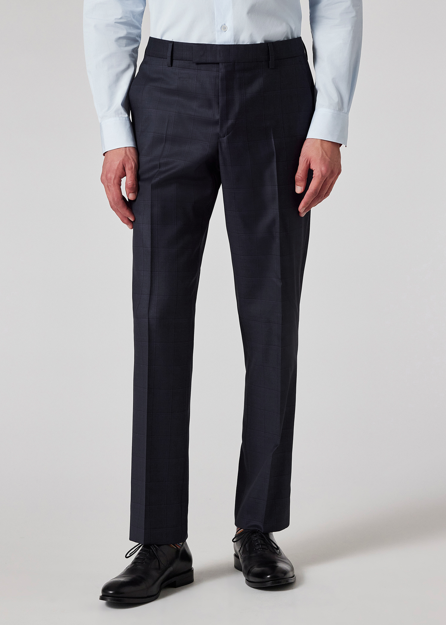Navy Check Wool Straight Leg Trousers