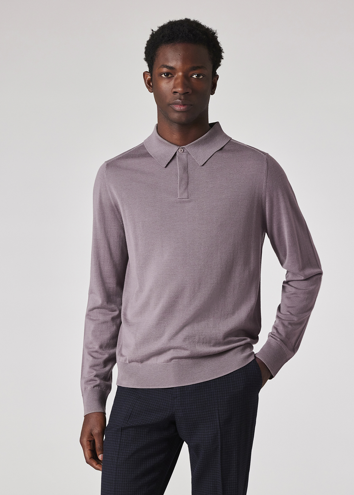 Men's Mauve Merino Wool Knitted Long-Sleeve Polo Shirt
