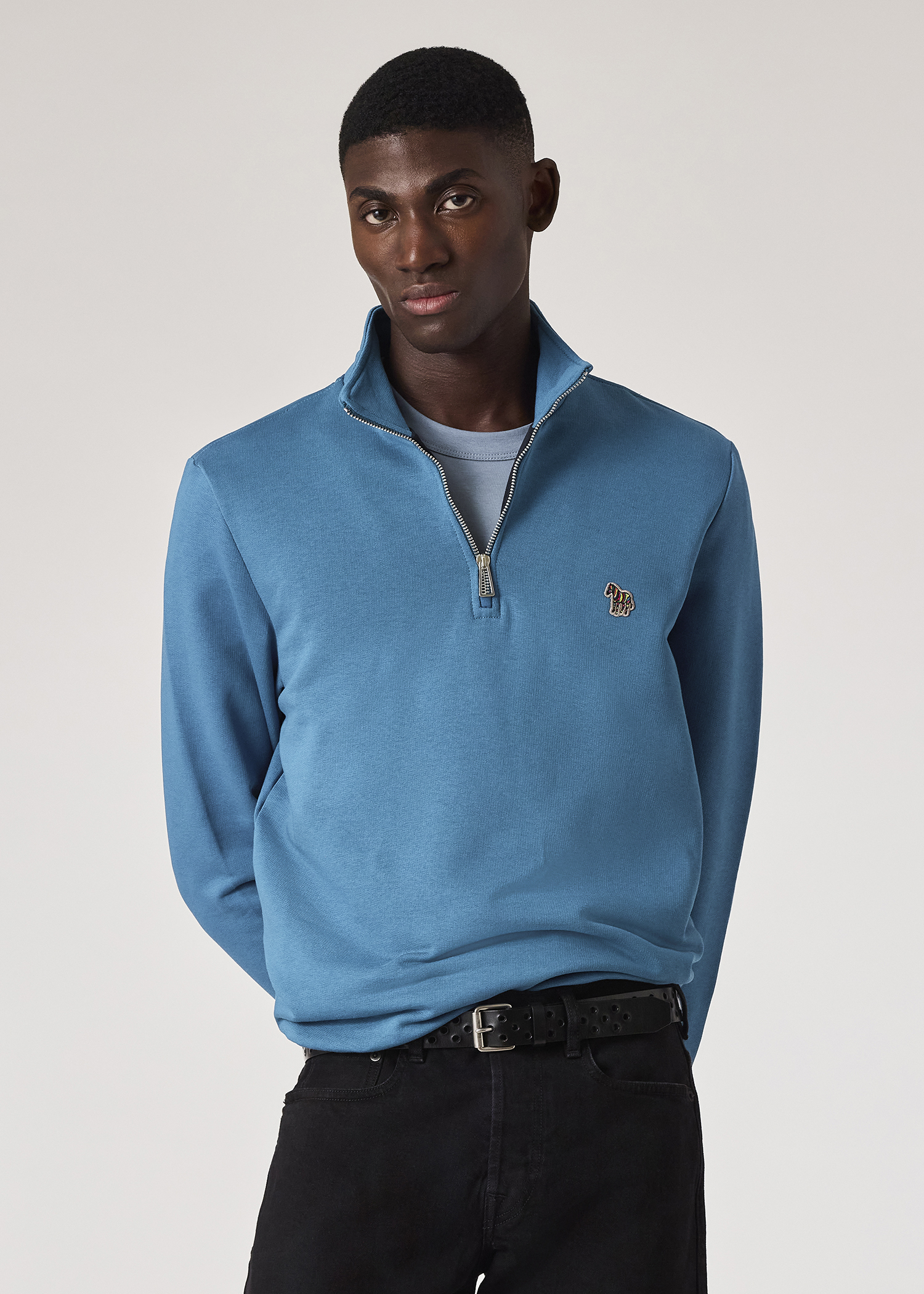Men's Navy Cotton Zebra Logo Zip-Neck Sweatshirt
