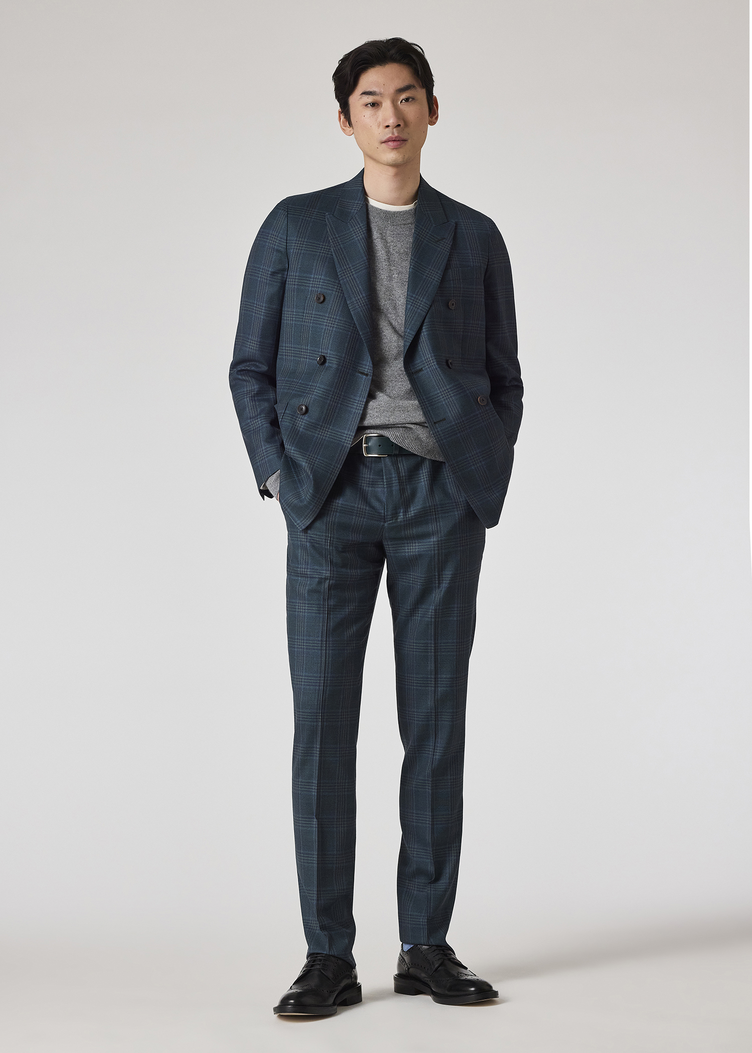Men's Tapered-Fit Teal Green Check Wool Trousers