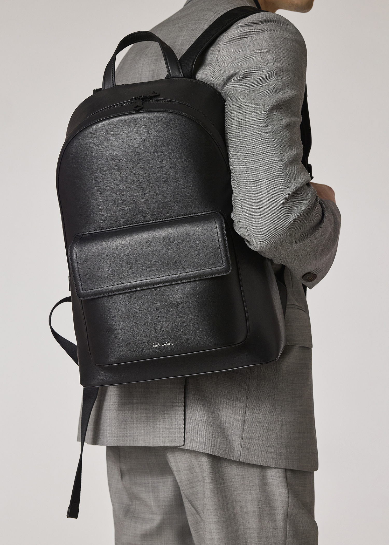 Black Straw-Grain Embossed Leather Backpack