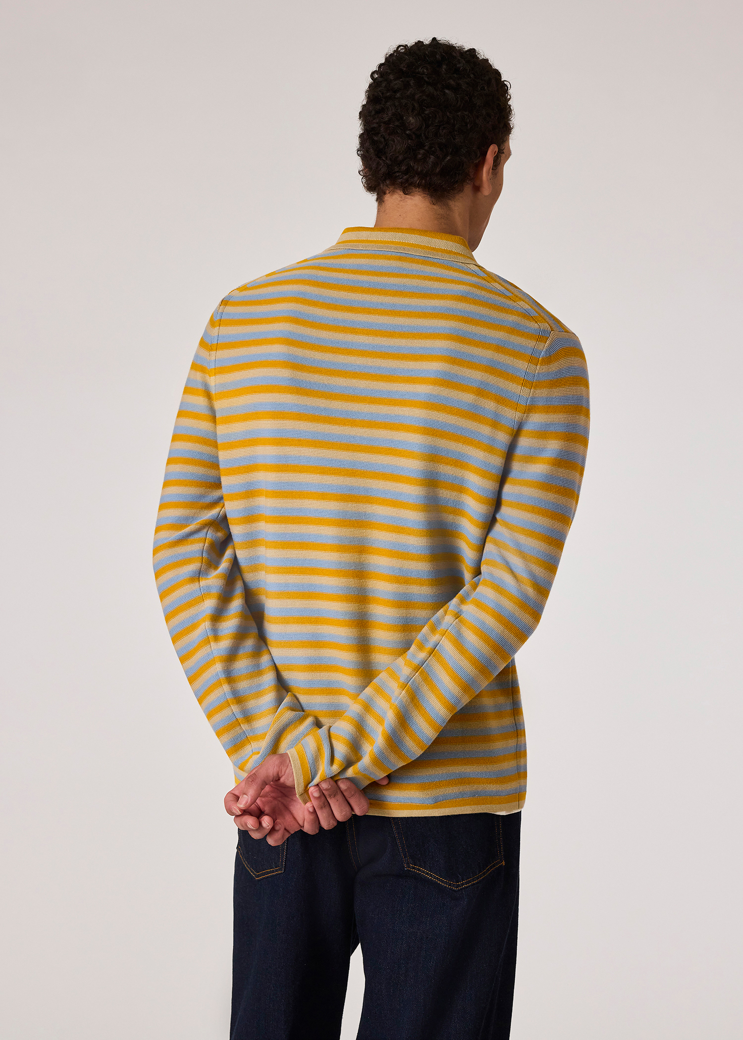 Men's Yellow Faded Stripe Knitted Cotton Polo Shirt