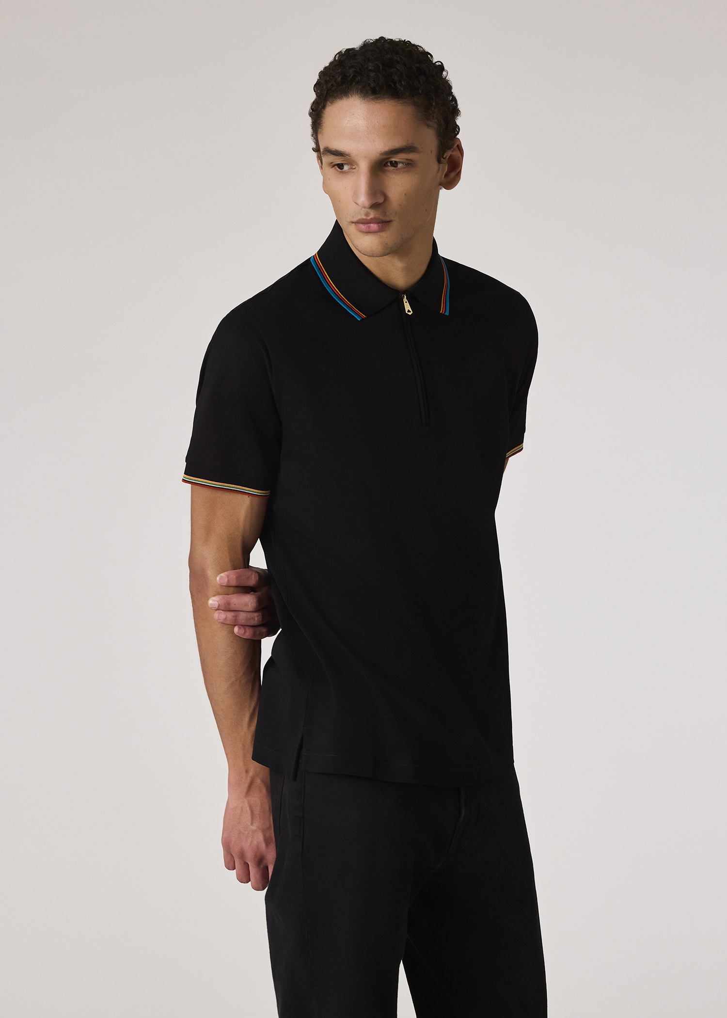 Tシャツ・カットソー Paul Smith FW25 ZIP POLO. (M1R 487Y L00089 28B) Men's Black Cotton 'Signature Stripe' Trim Zip Polo Shirt