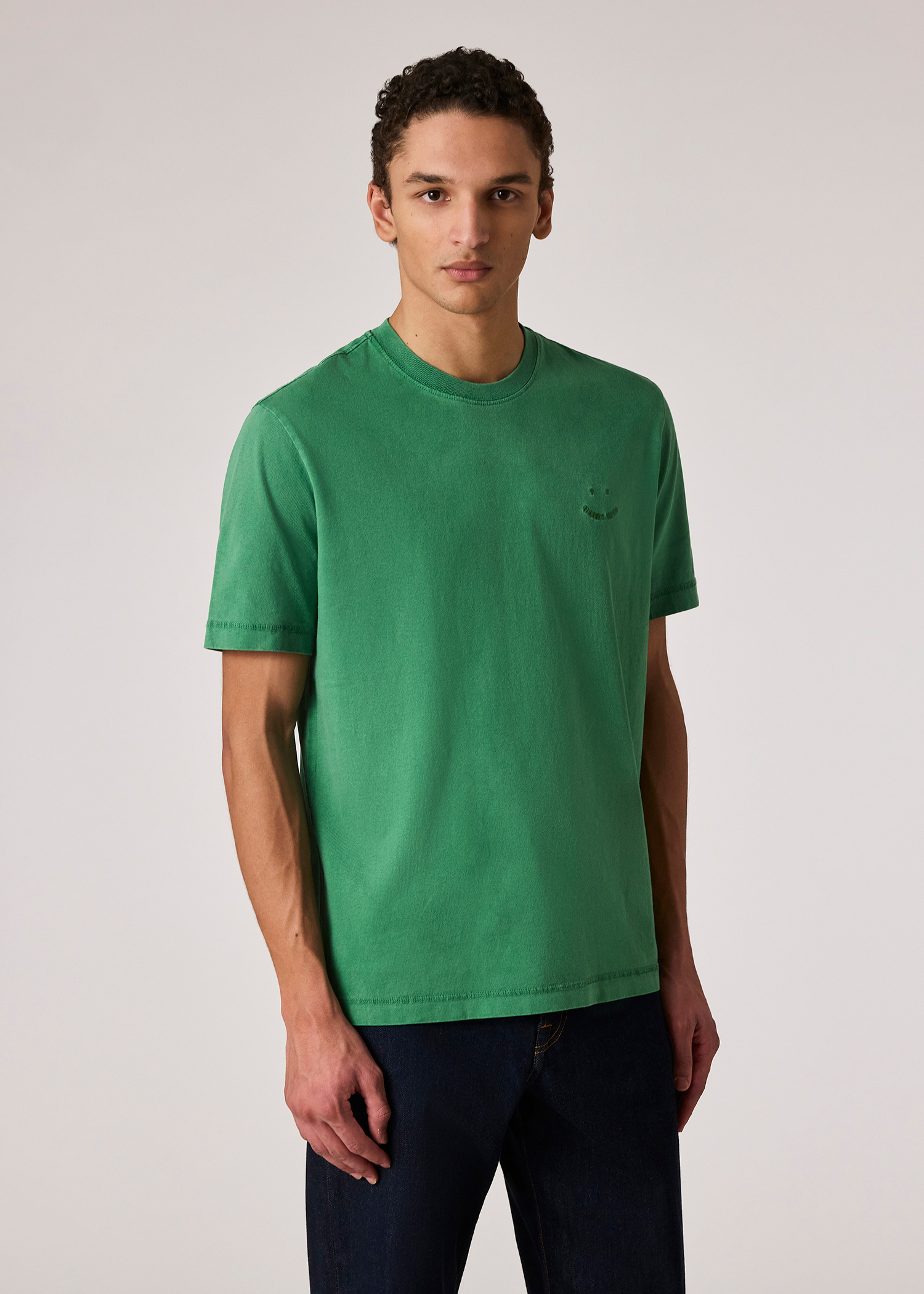 Men's Washed Blue Embroidered 'Happy' T-Shirt