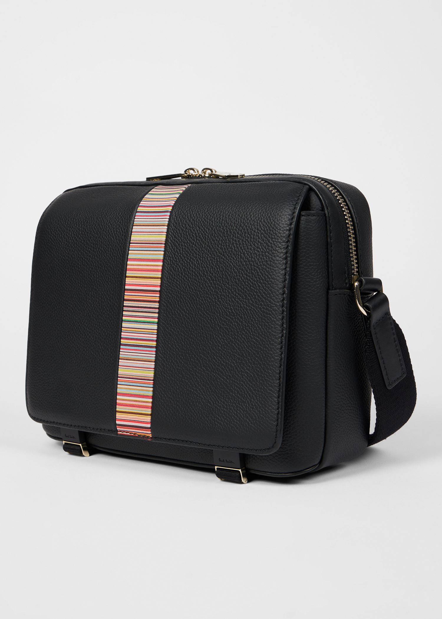 Black Leather 'Signature Stripe' Trim Messenger Bag