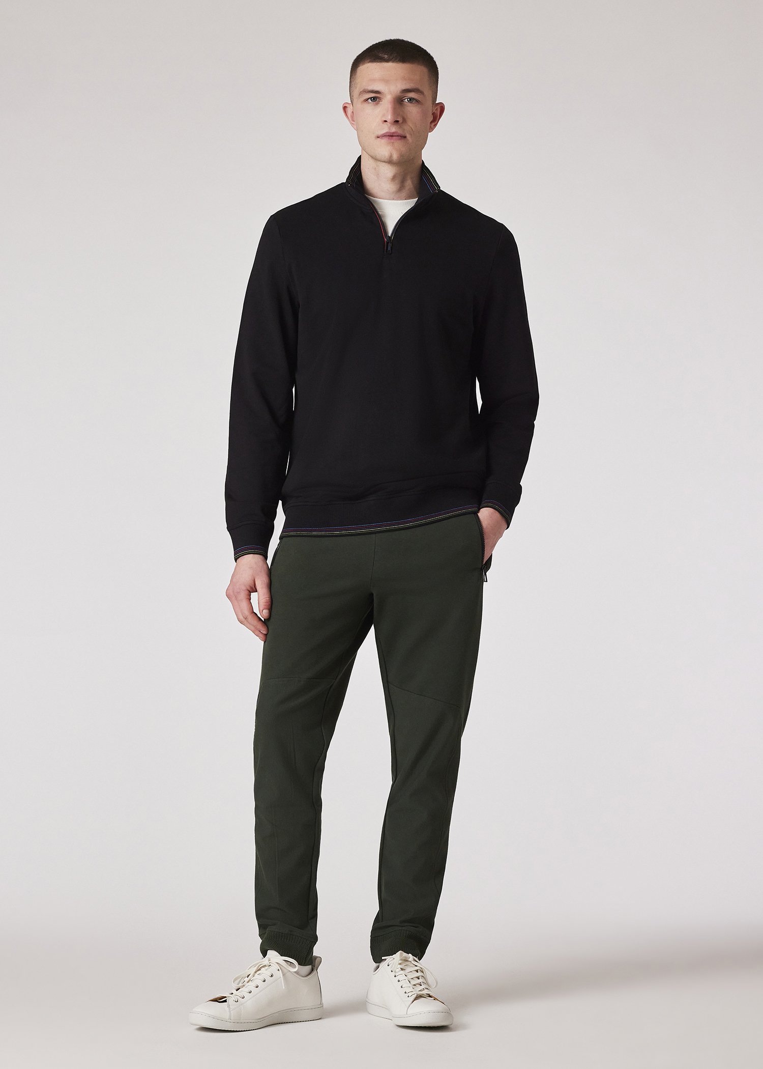 Men's Black 'Sports Stripe' Cotton-Modal Zip Neck Sweatshirt