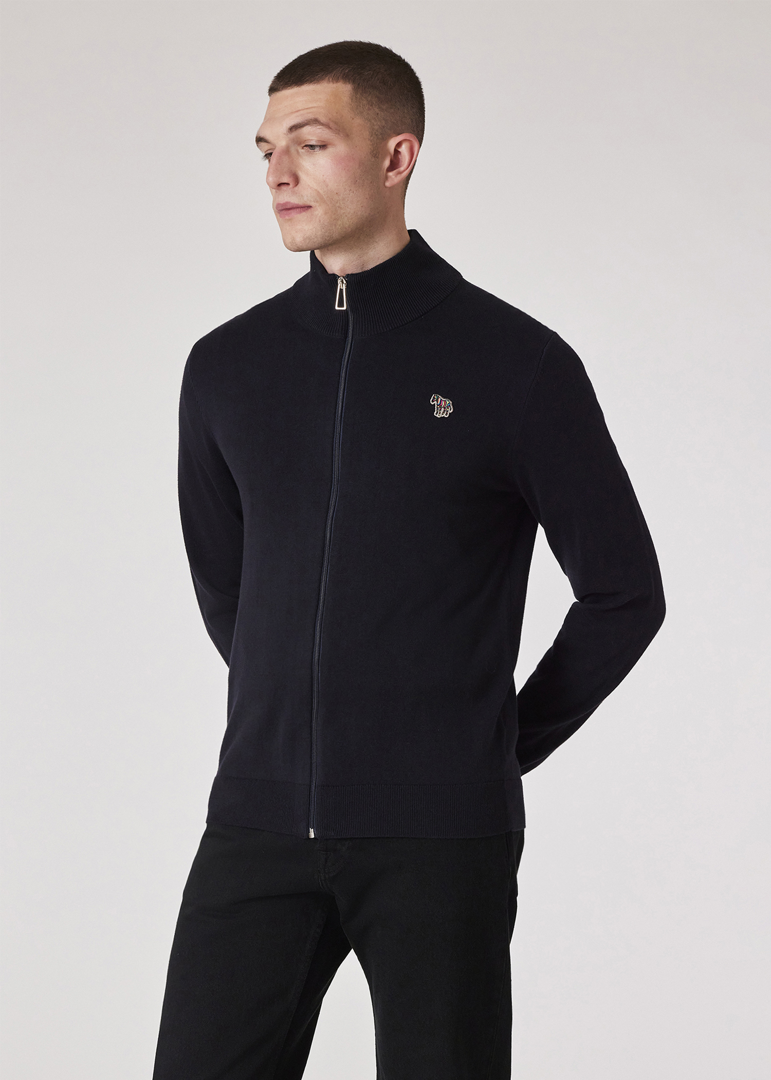 Paul Smith｜ (M2R 204Z PP4816 49) Men's Navy Cotton Zebra Logo Zip-Neck Sweatshirt