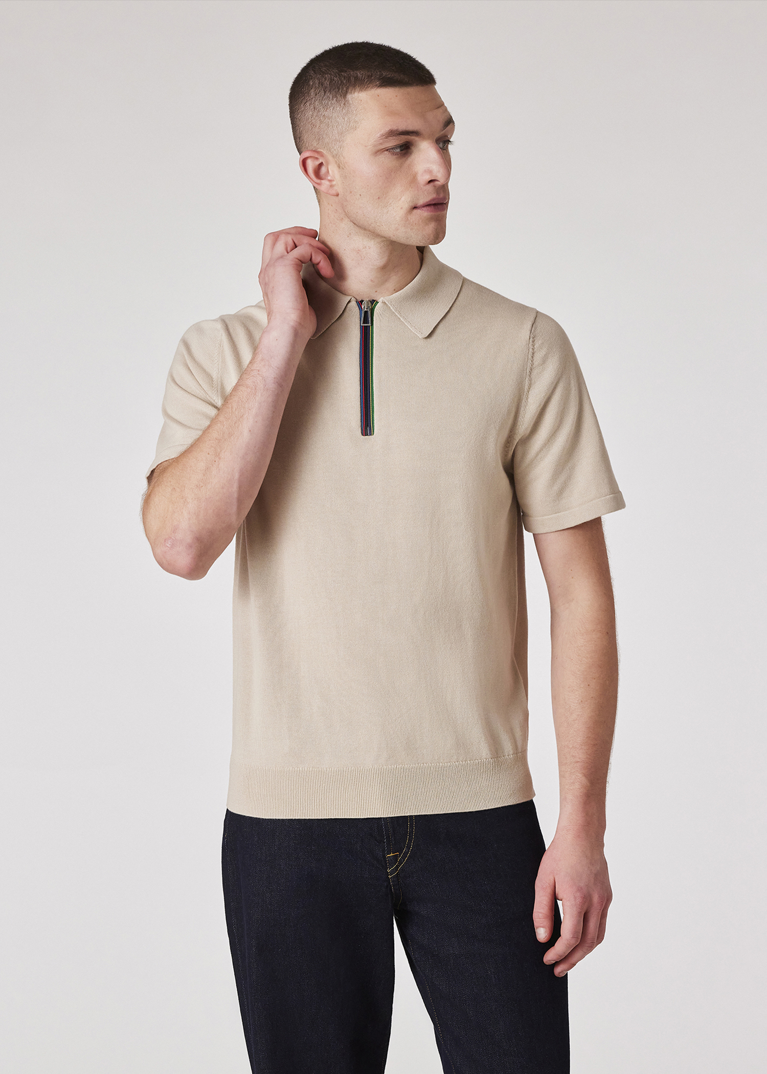 Men's Light Grey 'Sports Stripe' Zip Knitted Cotton Polo Shirt