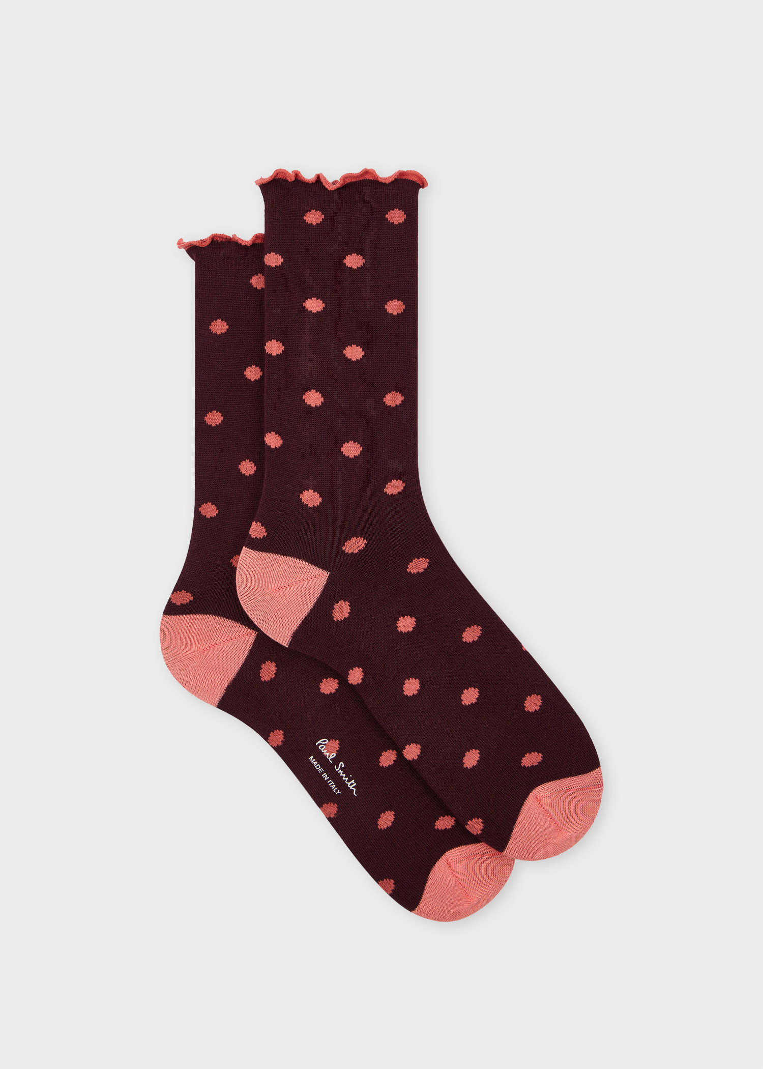 Women's Burgundy and Pink Polka Dot Frill Socks