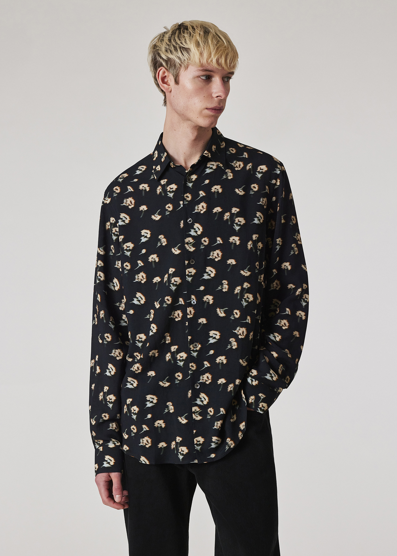 vintage linen navy floral print button shirt ... mens small ^^^ ,,, main image 0