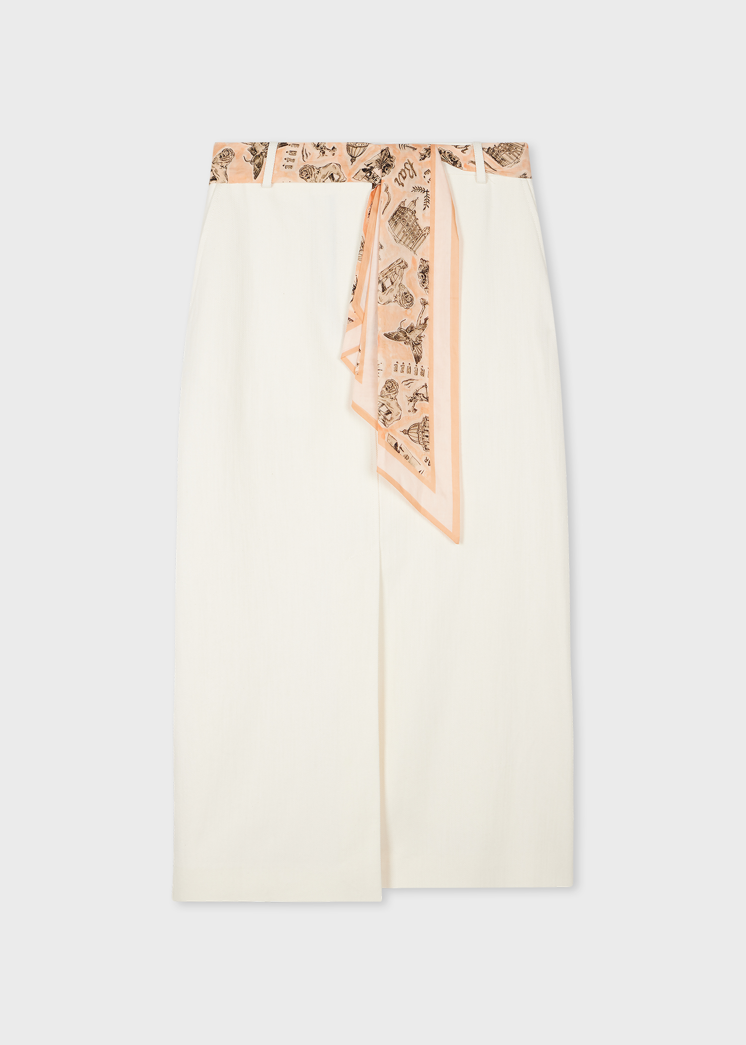 Women's White Denim Midi Skirt with Seasonal Print Scarf Belt