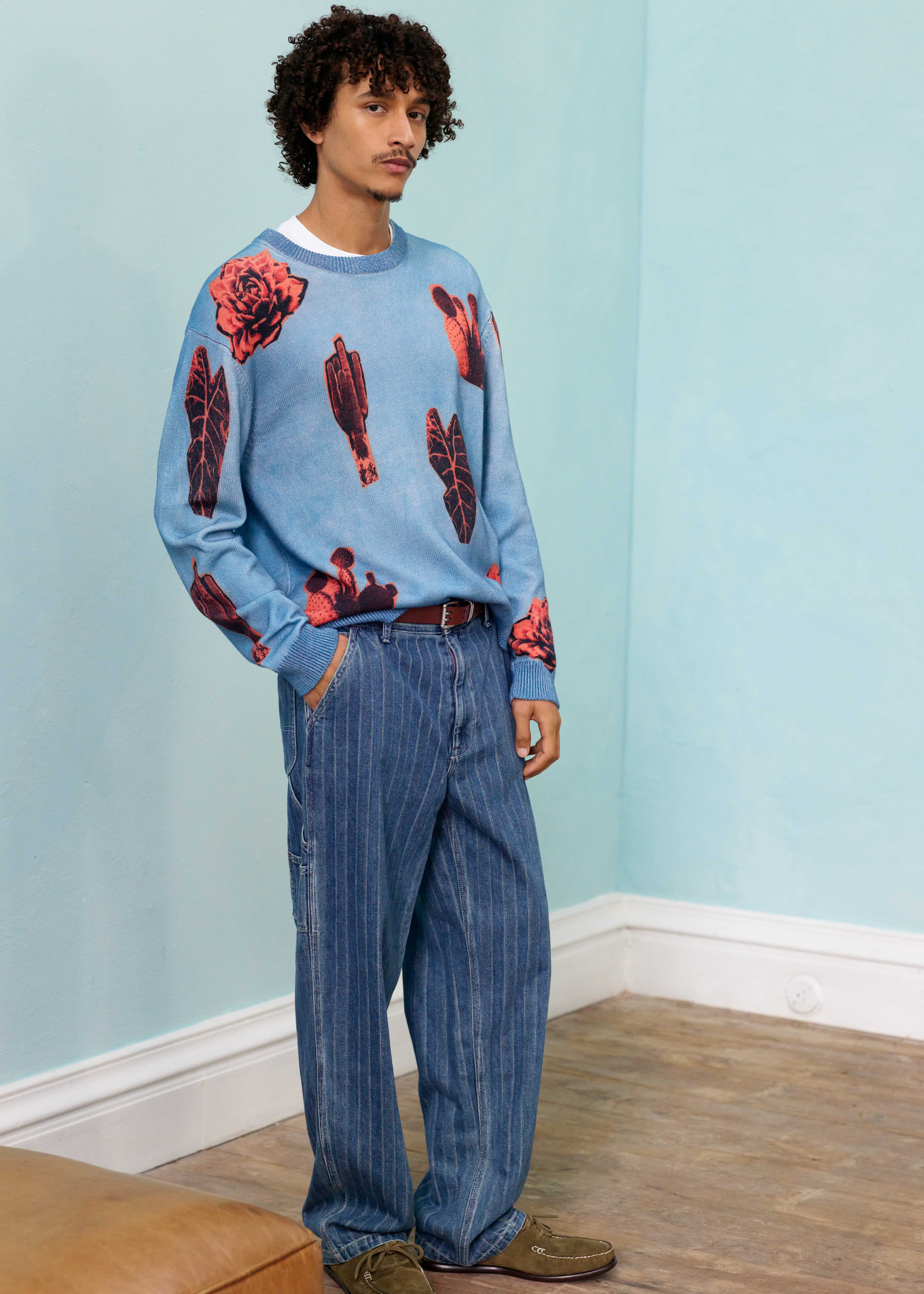 Men's Sky Blue 'Photographic Cactus' Print Cotton Sweater