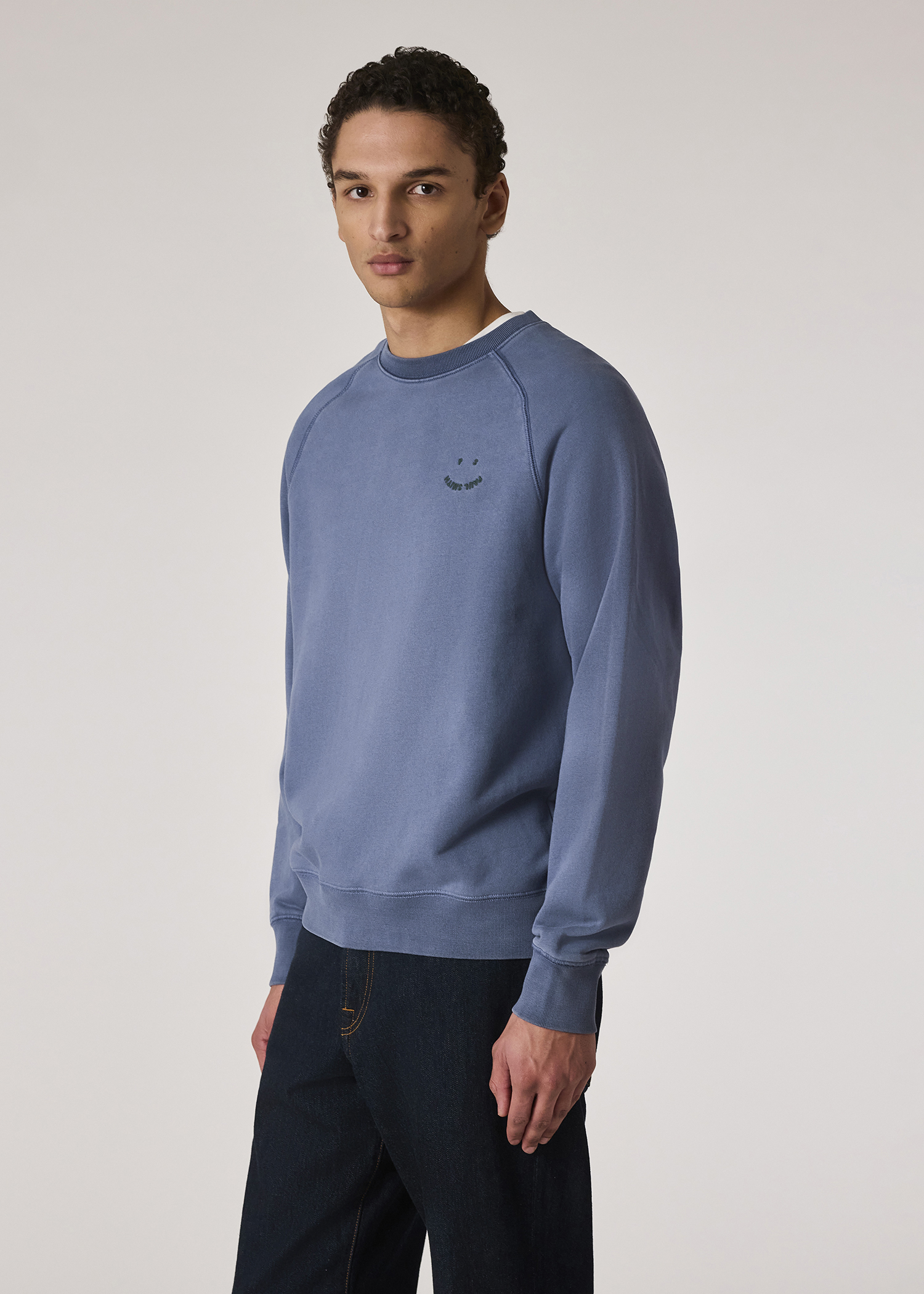 Men's Washed Blue Cotton 'Happy' Sweatshirt