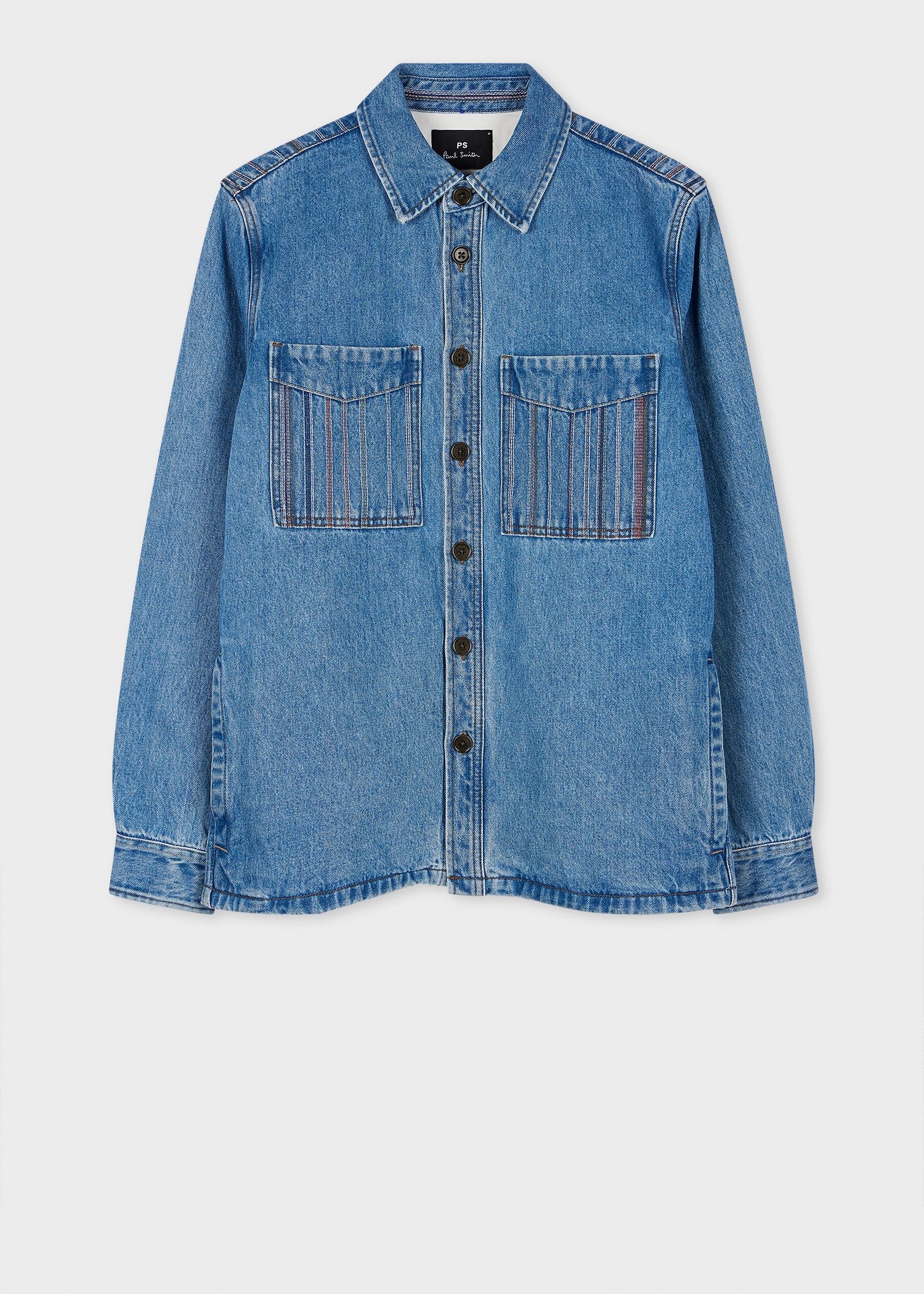 Men's Light-Wash Denim Embroidered-Stripe Shirt Jacket