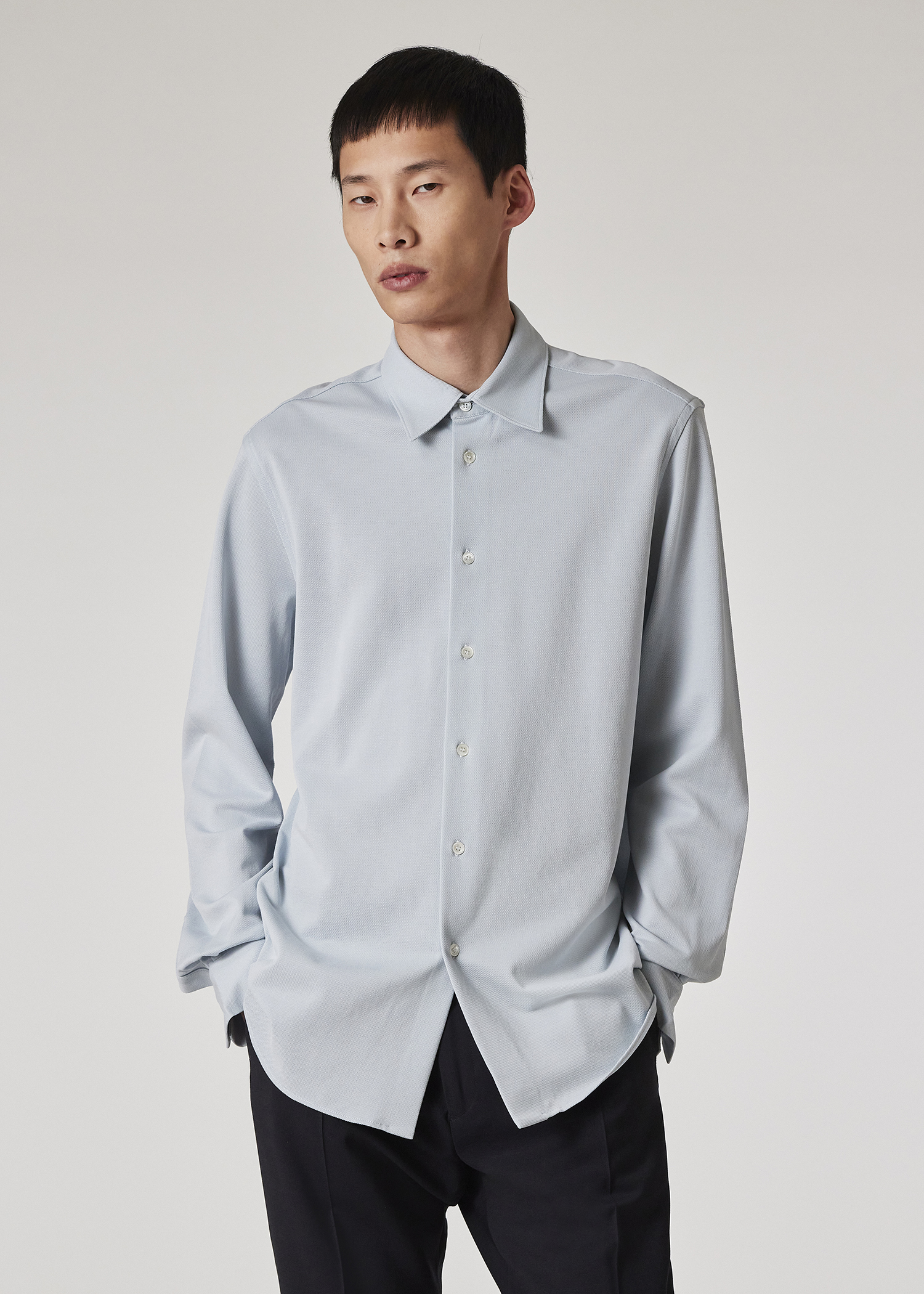 Inverted Notch Collar Pique Shirt in Blue Leo Mist