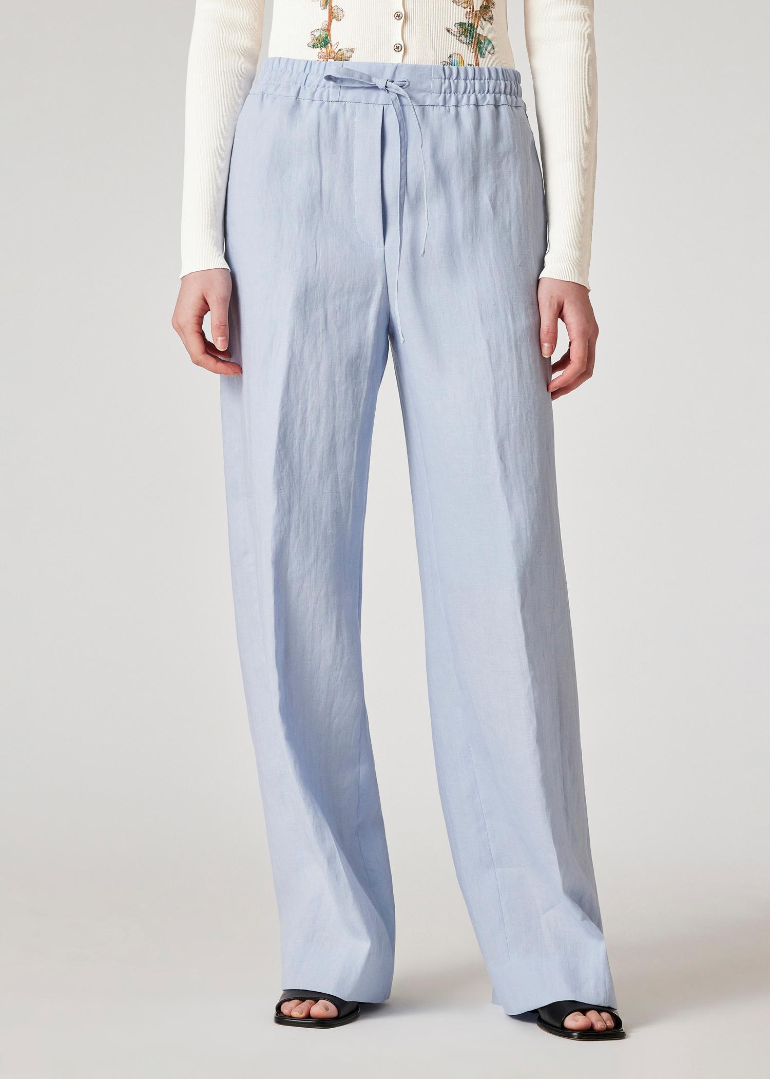 パンツ PAUL SMITH Women Straight Pants W1R 255T N00001 49 Blue Women's Pale Blue Linen Wide Leg Drawstring Trousers