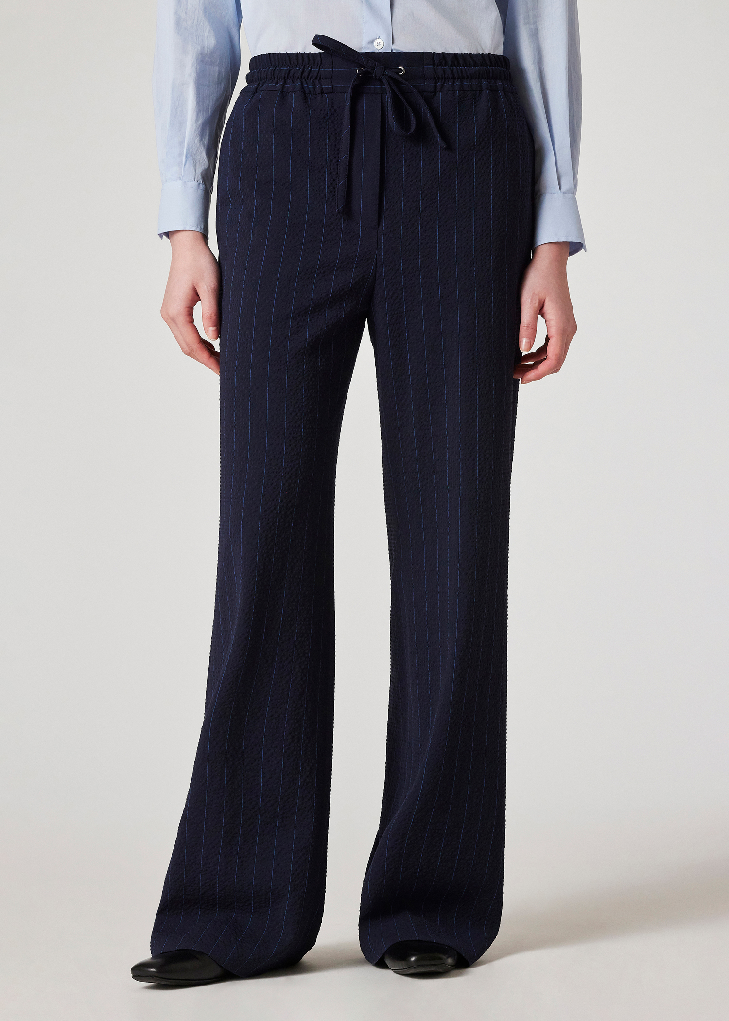 Women's Wool-Blend Navy Seersucker Pinstripe Wide Leg Trousers