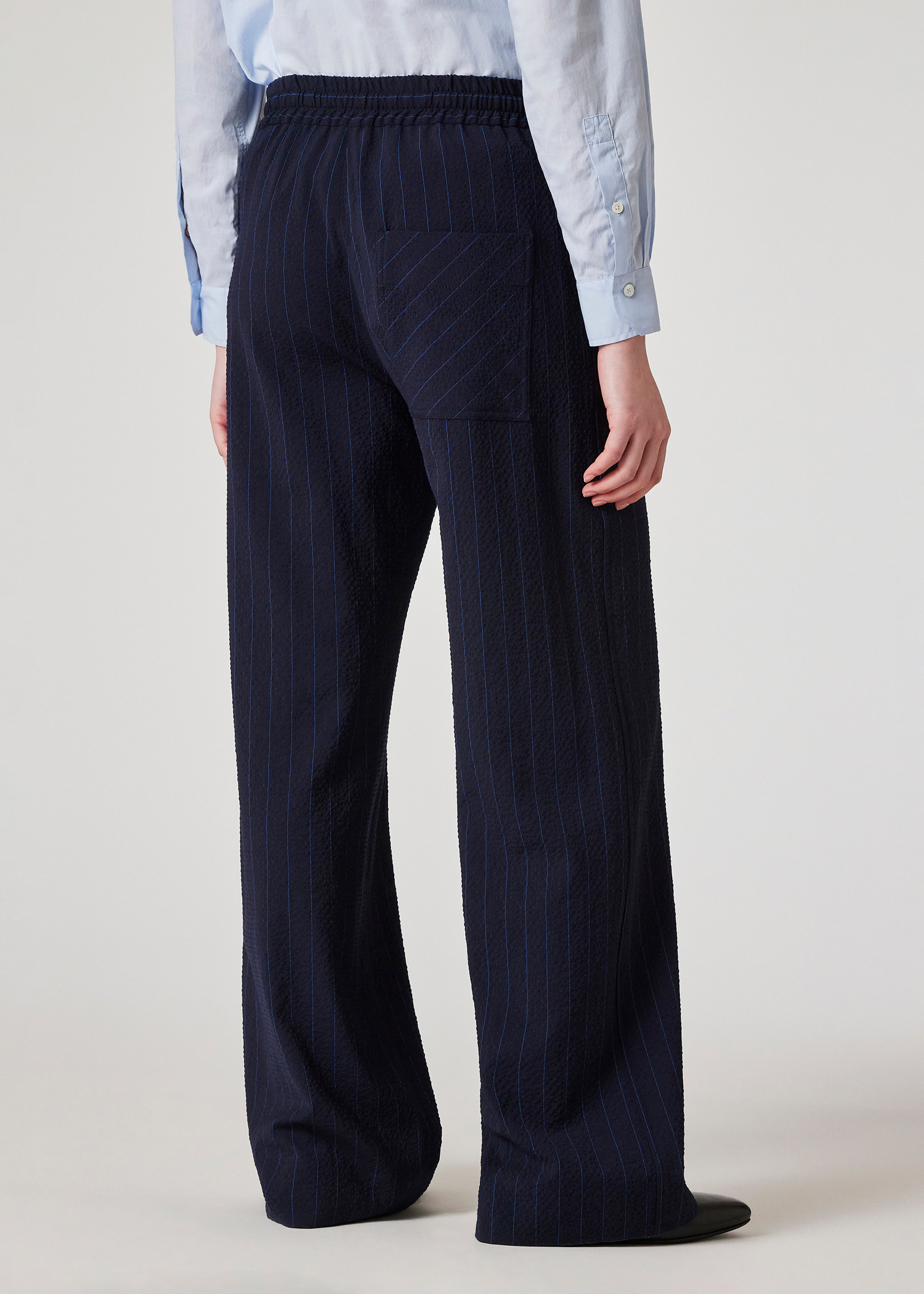 Women's Wool-Blend Navy Seersucker Pinstripe Wide Leg Trousers
